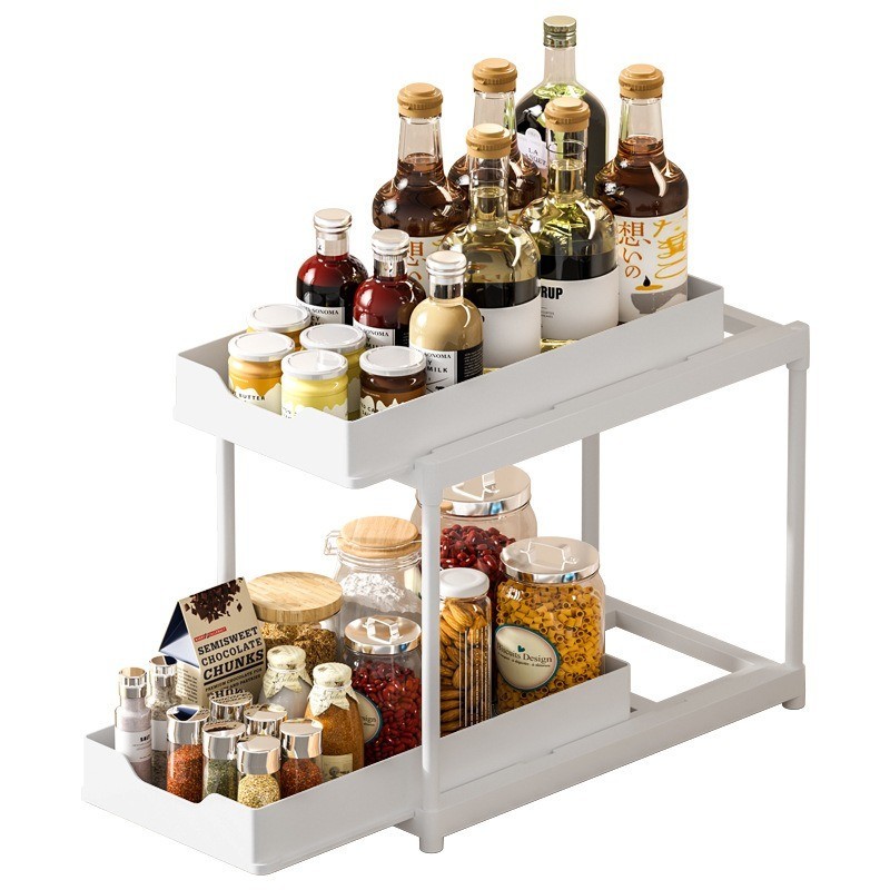 2Pcs White 2-Tier Pull Out Storage Shelf Kitchen Bathroom Counter Organizer