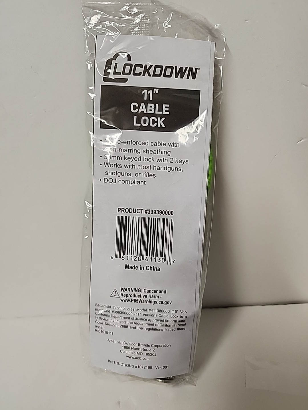 Lockdown 11" Cable Lock Re-Enforced Non-marring Sheathing 2-keys Lime Green