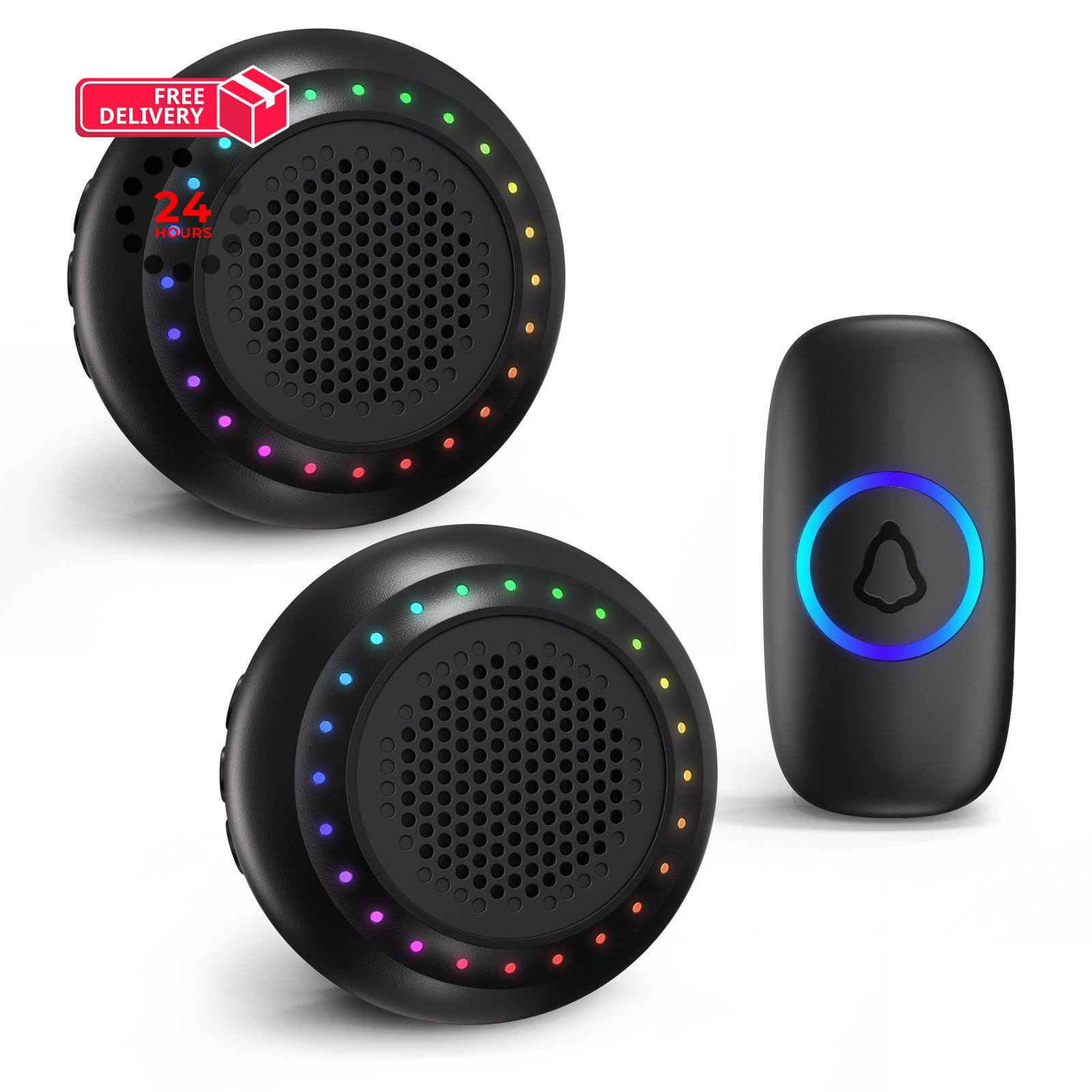 Wireless Doorbell with 2 Receivers, Waterproof 1 Button + 2 Black