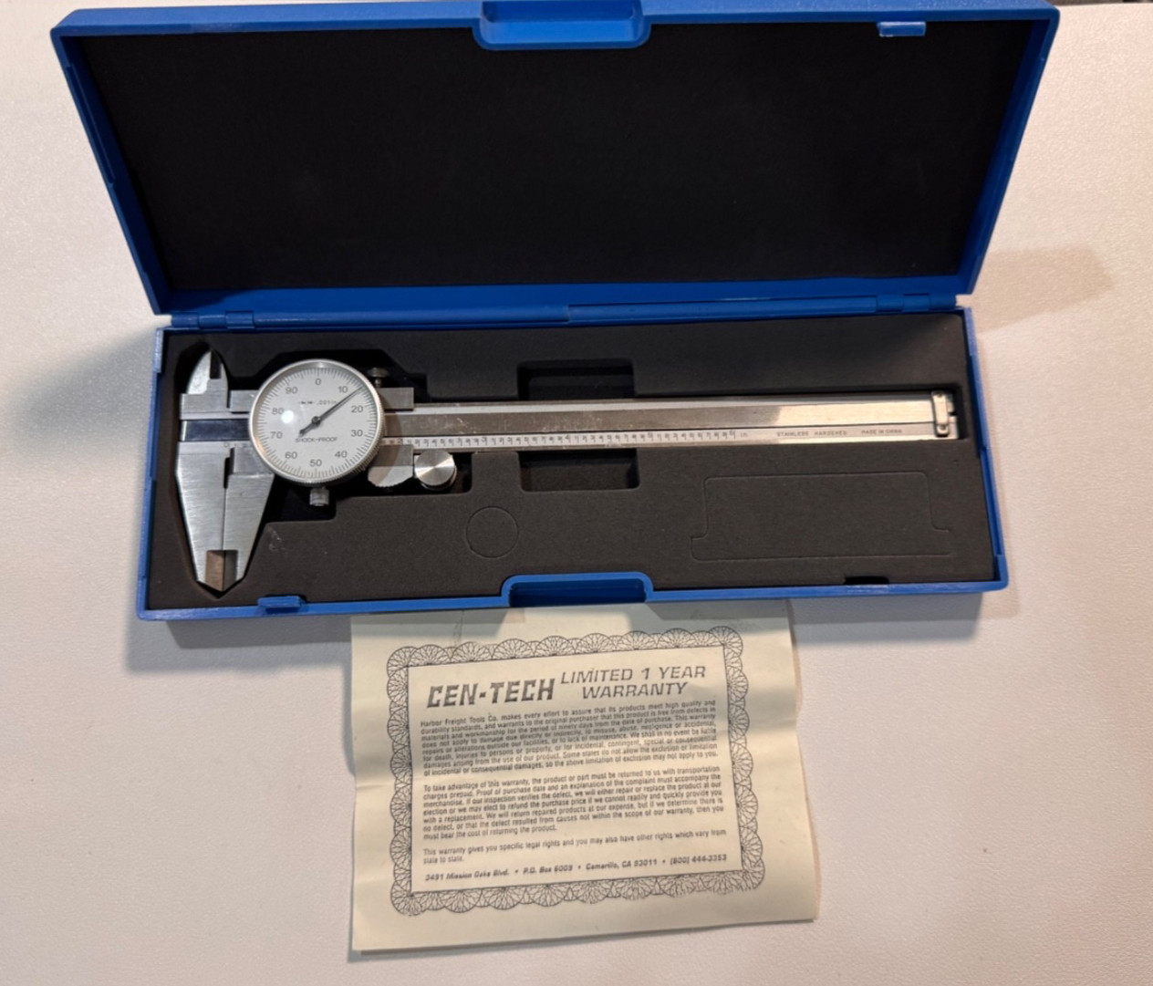 Cen-Tech 6" Dial Caliper P5658 Stainless Hardened Shock Proof 0.001" with Case