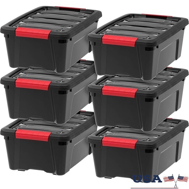 Stackable Plastic Storage Boxes 12Qt 6 Pack W/ Built-In Handles Organization New