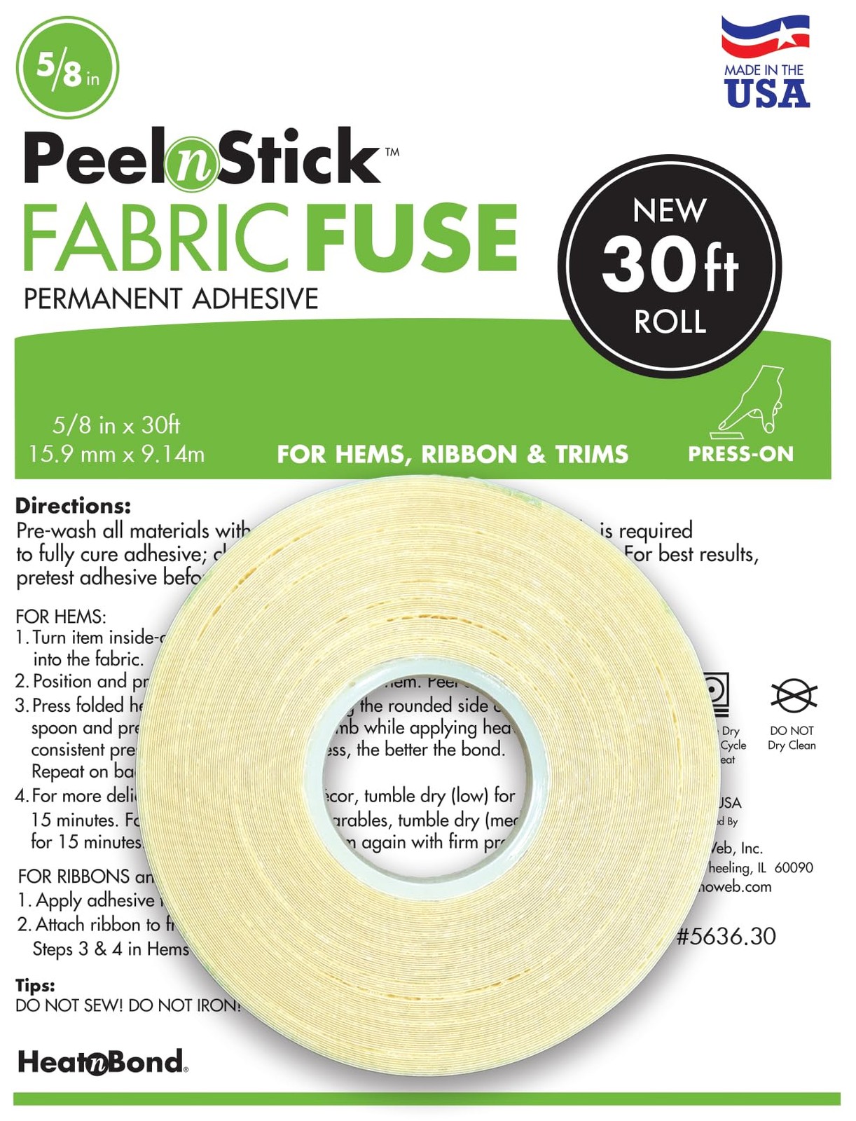 HeatnBond PeelnStick Fabric Fuse Hem Tape - Double Sided 30 Foot Roll, Clear