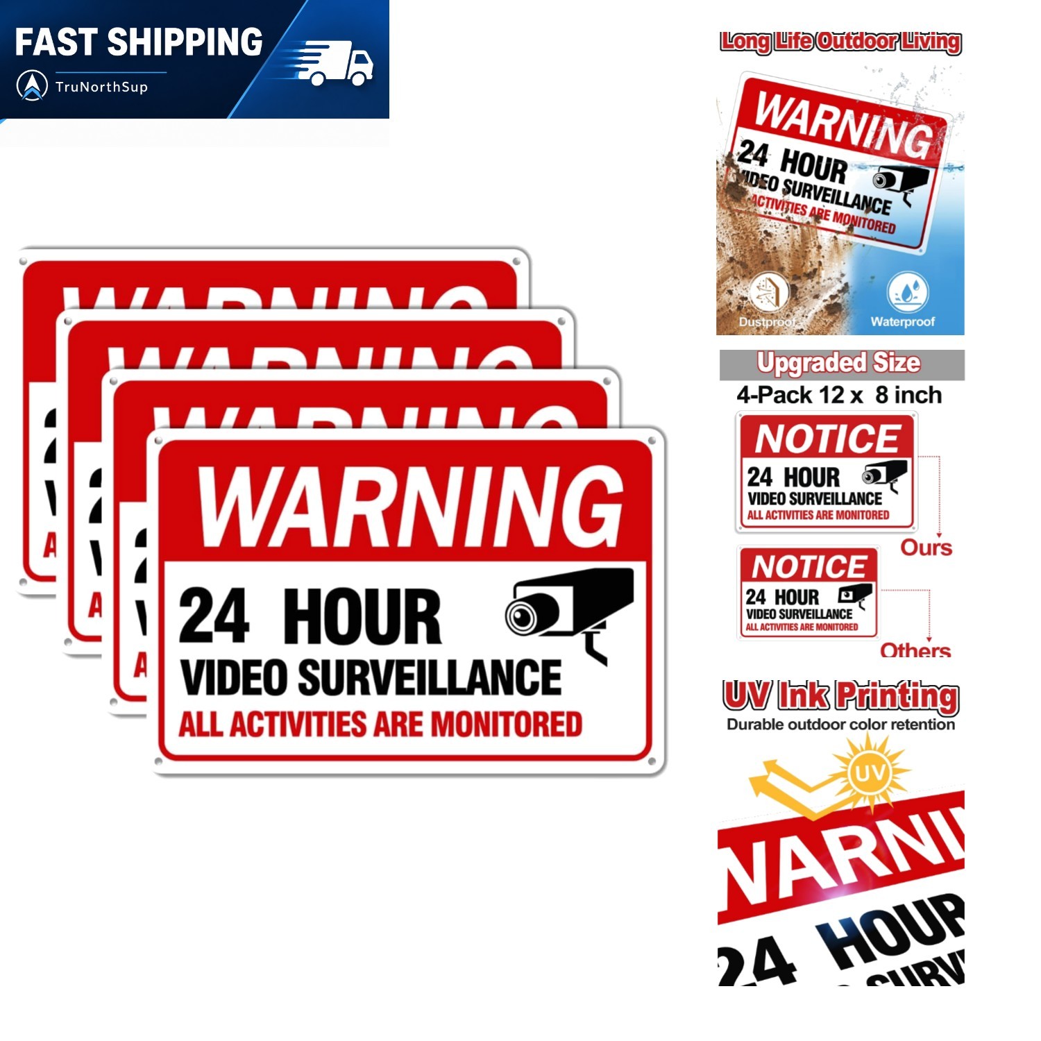 Video Surveillance Sign 4 Pack 12x8 Waterproof Aluminum Security Camera Sign