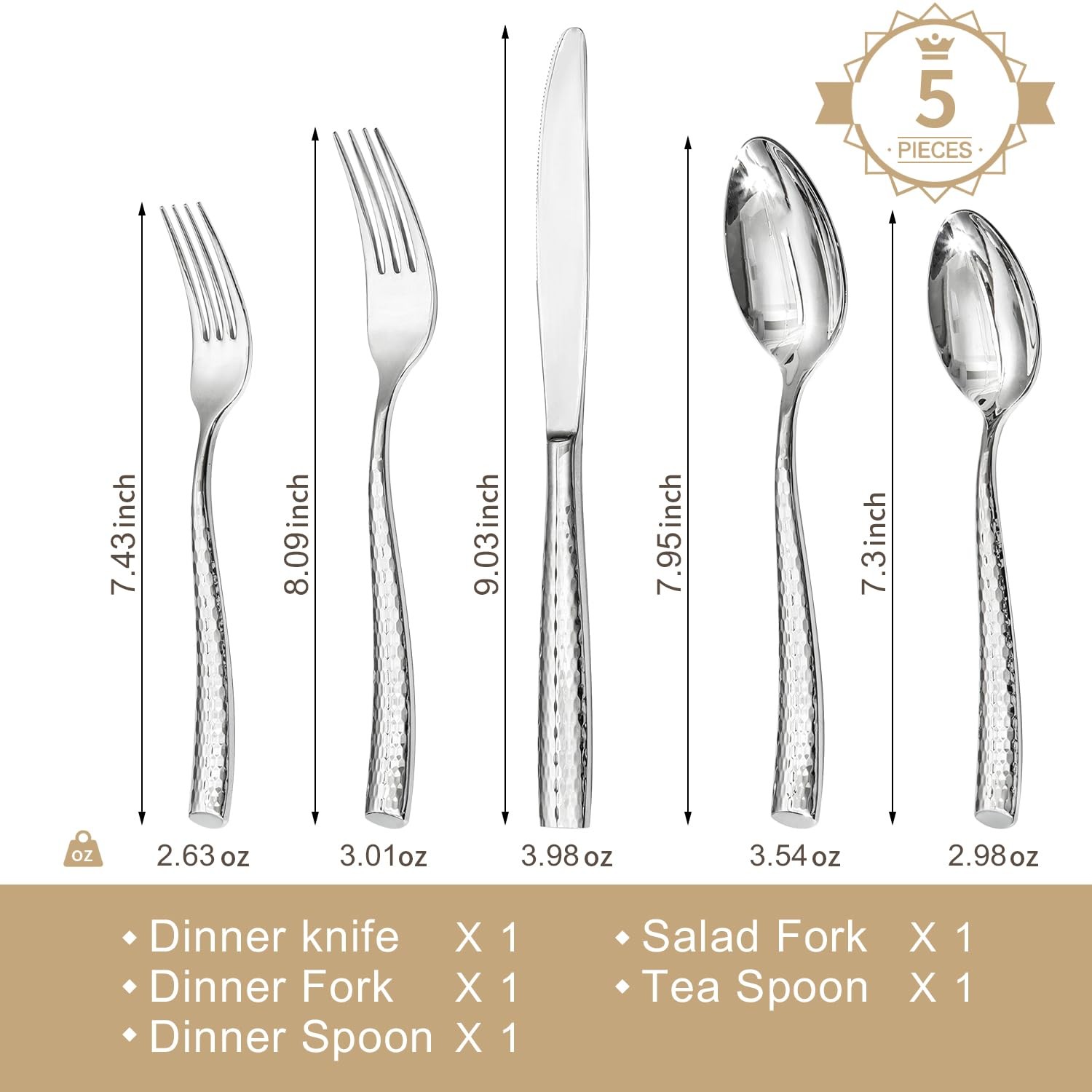 Kingstone Hammered Silverware Set, 5-Piece Flatware Set for 1, 18/10 Stainles...