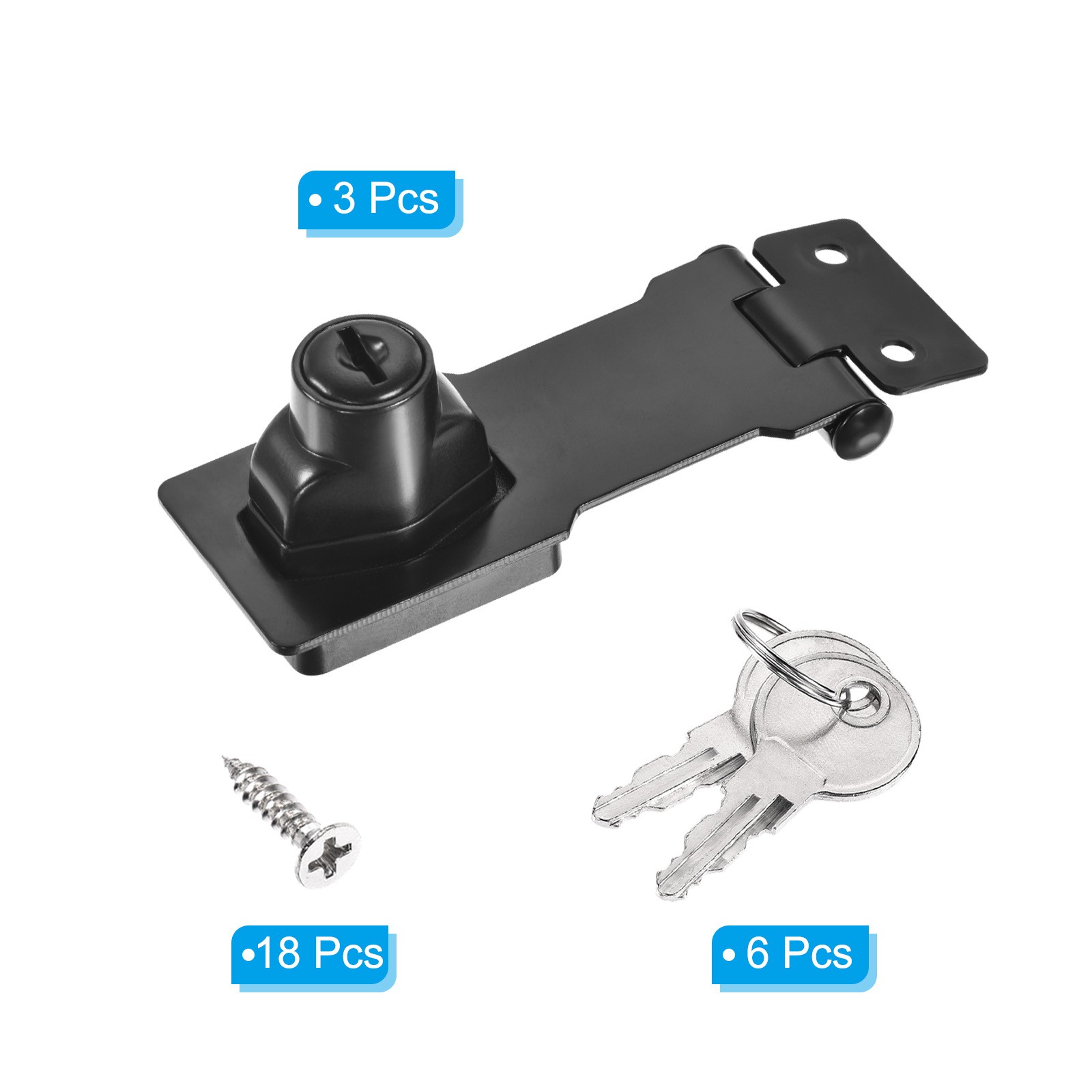3Pcs 3Inch Keyed Hasp Locks Twist Knob Locking Keyed Different, Black