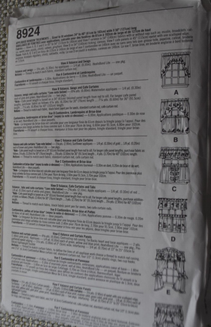 Simplicity 8924 Jiffy 6 Pack Window Curtains Uncut