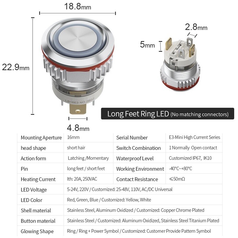 16mm High Current 16A High-Power Metal Push Button Switch 12V 24V 220V LED Light