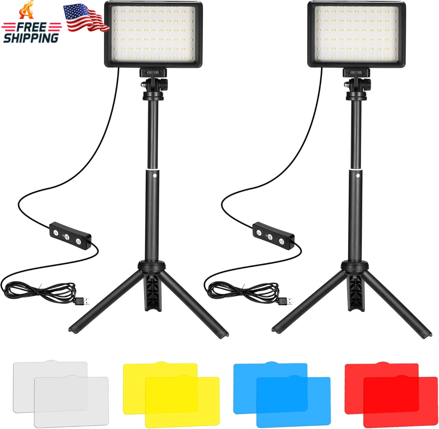 LED Video Light 2-Pack, 5600K Dimmable USB Photo Lights with Mini Tripod and Col