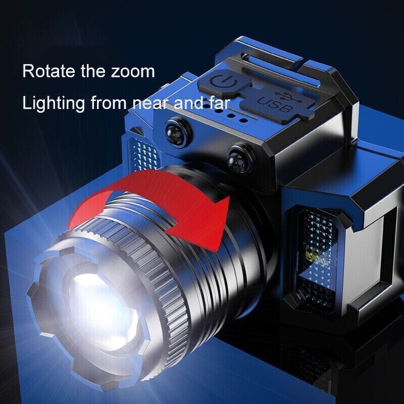 900,000 Lumen LED Headlamp - Rechargeable, Zoomable, Multi-Function Torch Light