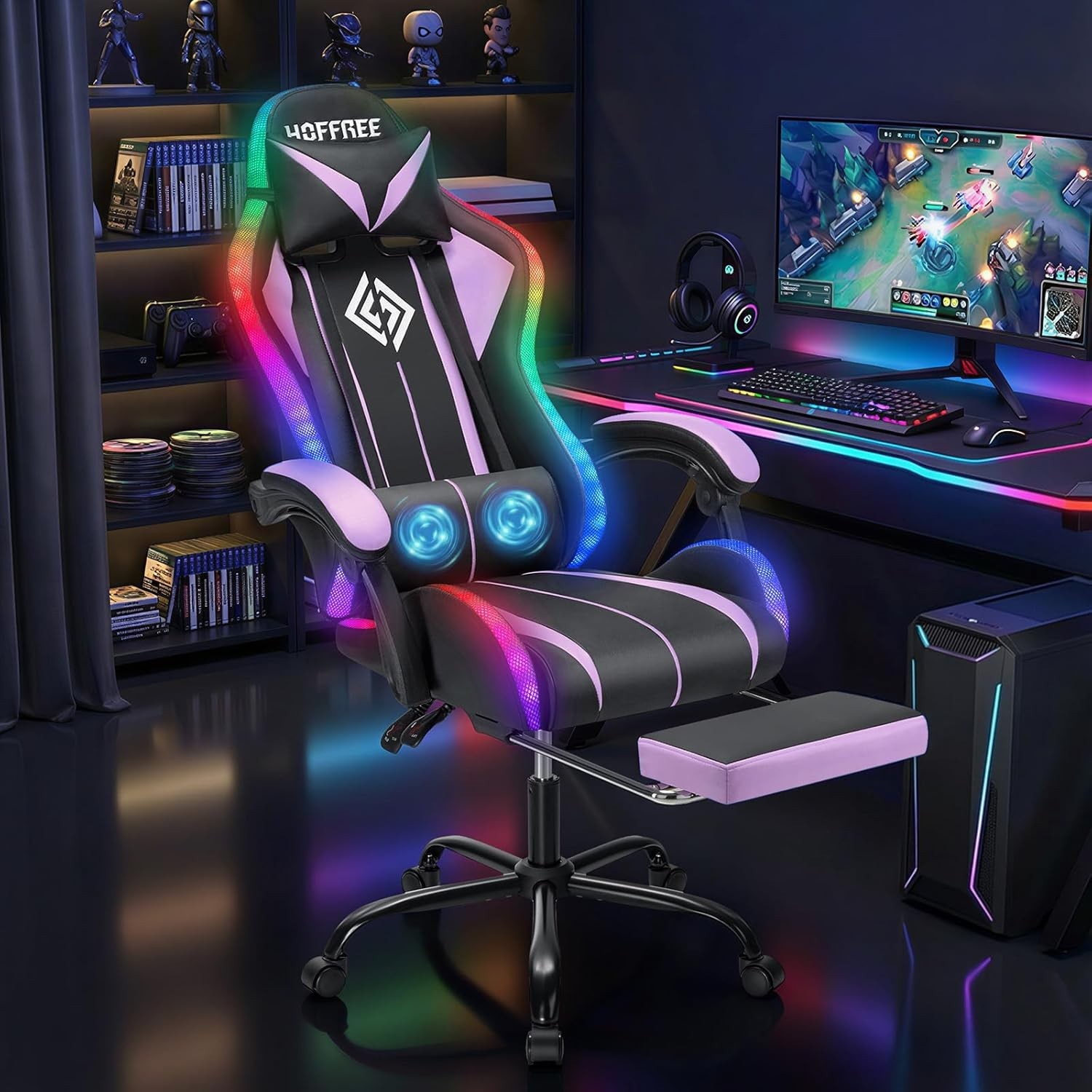Hoffree RGB Gaming Chair Massage LED Lights Ergonomic Footrest Purple