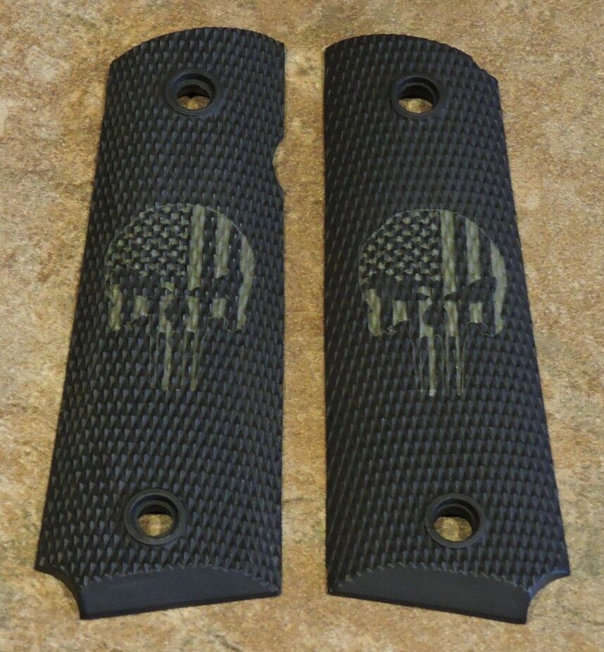1911 Grips - AMERICAN FLAG PUNISHER - BLACK/OD GREEN ,.45, AMBI CUT, FULL SIZE