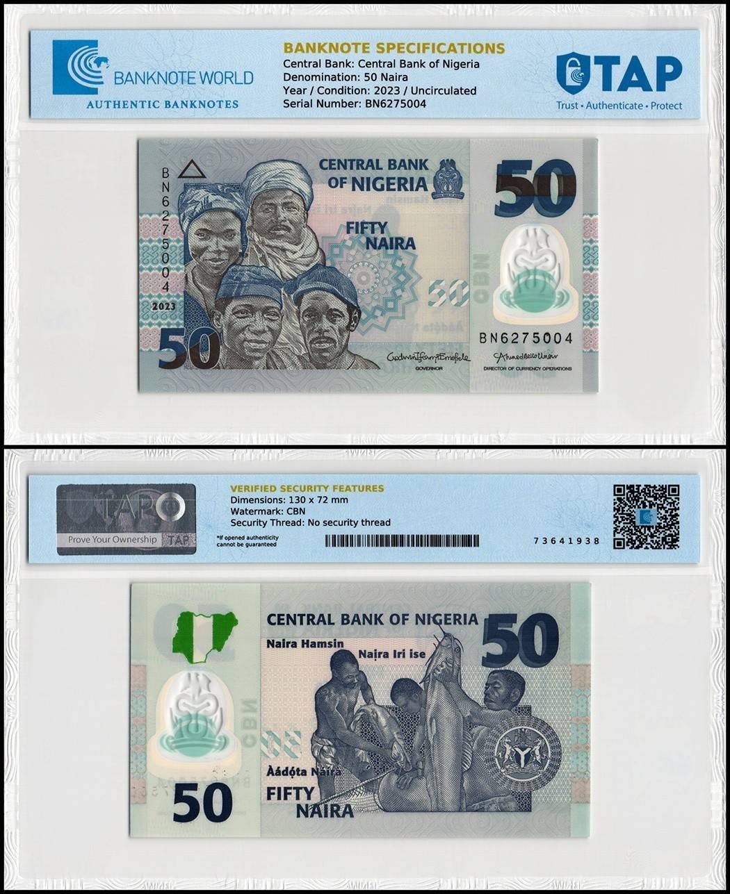 Nigeria 50 Naira, 2023, P-40m, UNC, Polymer, TAP Authenticated