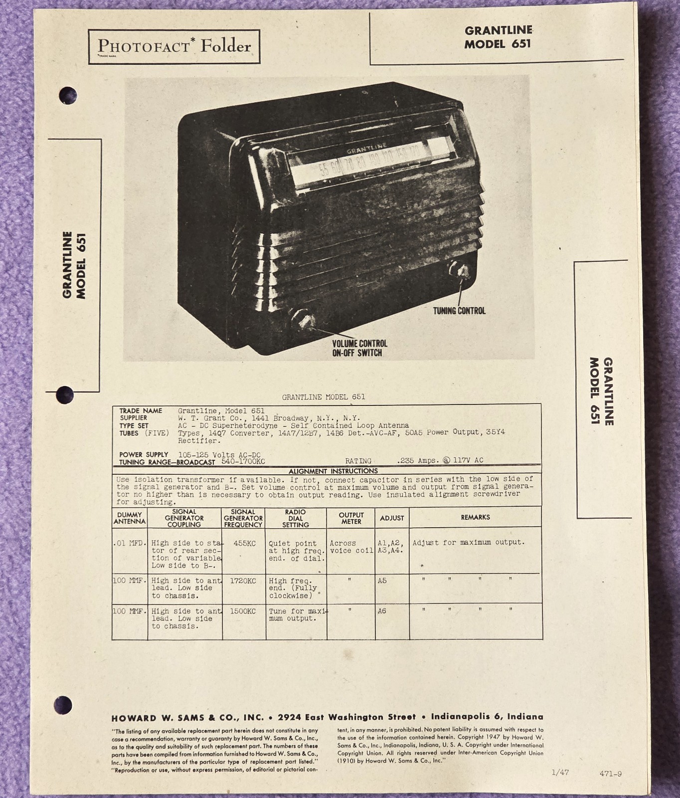 Grantline Model 651 VTG Howard Sams 1947 Radio Photofact Folder 471-9