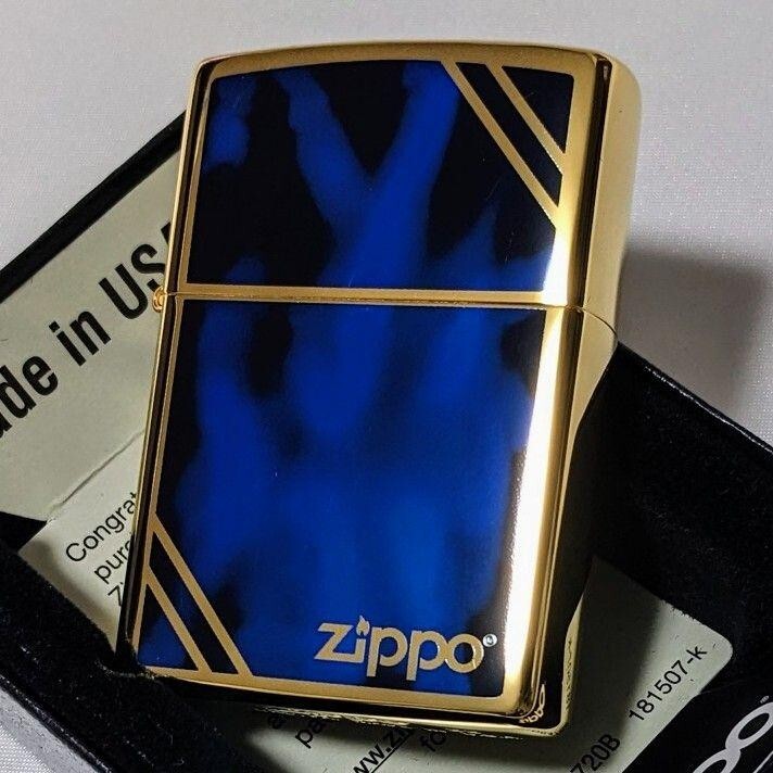 Zippo Oil Lighter Marble Gold Blue Logo Regular Case Japan