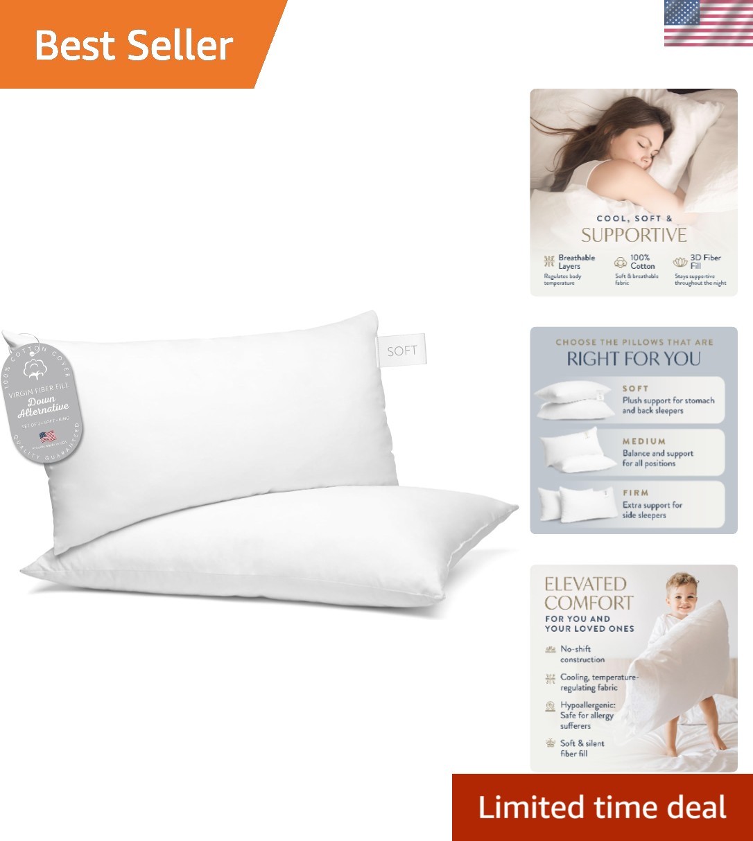 100% Cotton Fabric Luxury Hotel Pillows King Size Set of 2, Cooling Down Alte...