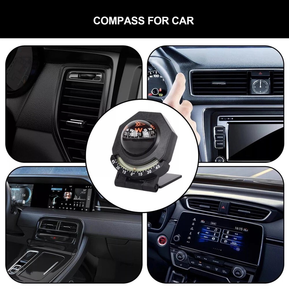 Adjustable Night Car Compass, Car Dashboard Compass Ball with Slope Meter