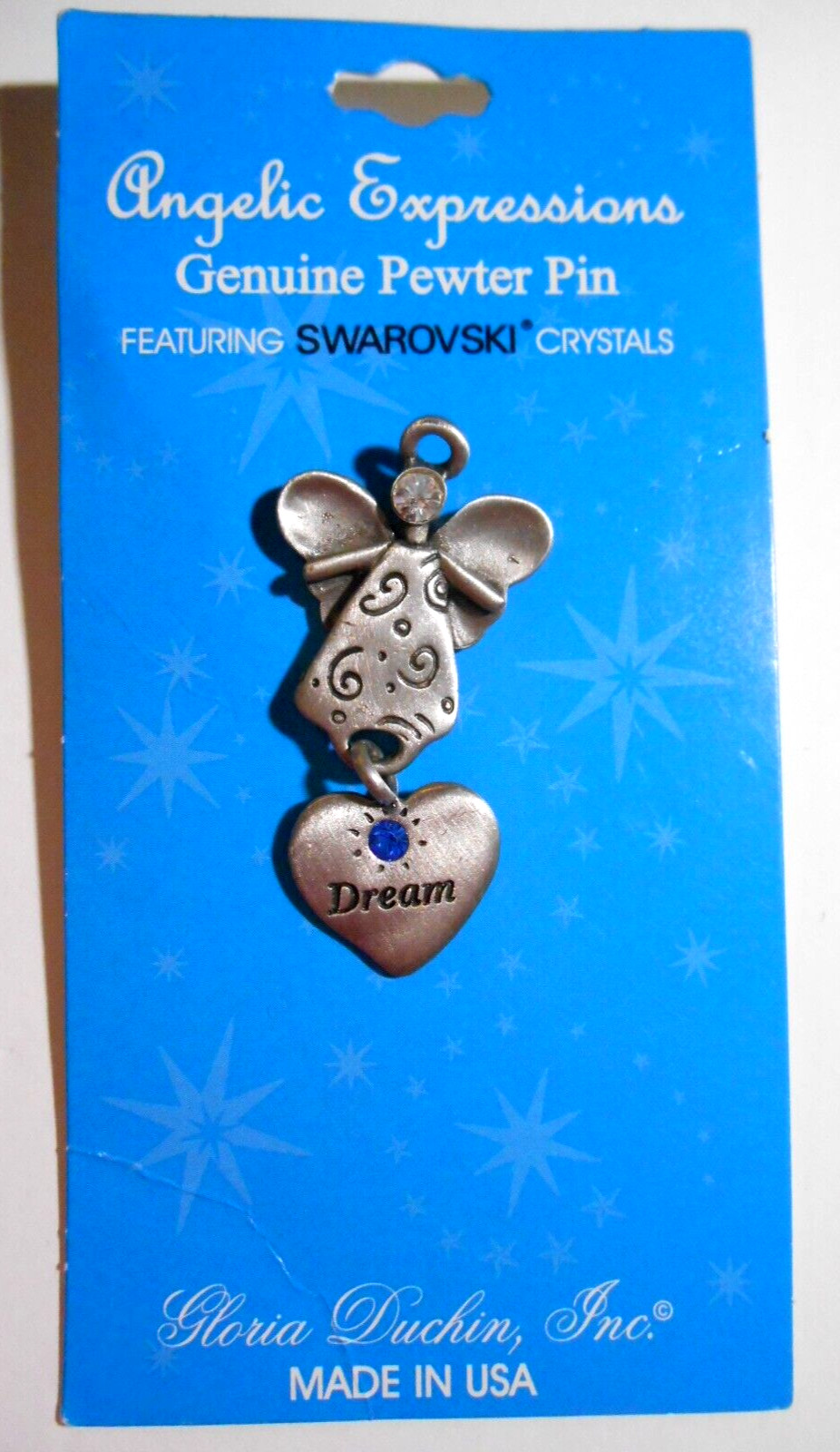 Gloria Duchin Pewter ANGEL DREAM Dangle Heart Pin Swarovski Crystals Signed