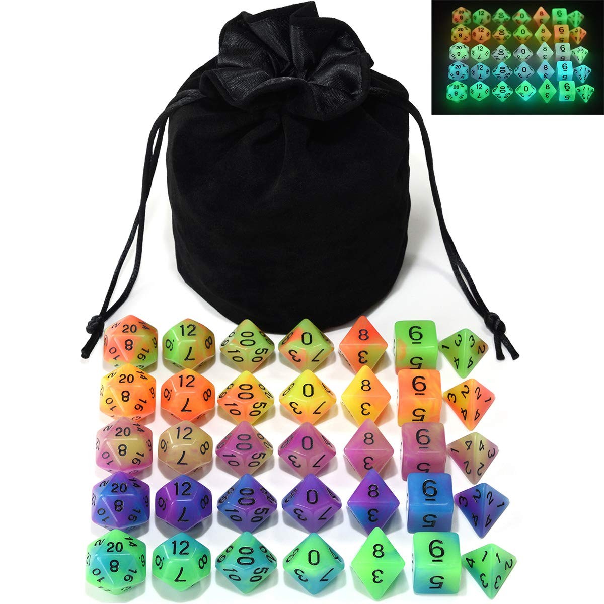 Double Color Glow in The Dark Dice Set 35 Large, 5 Sets the