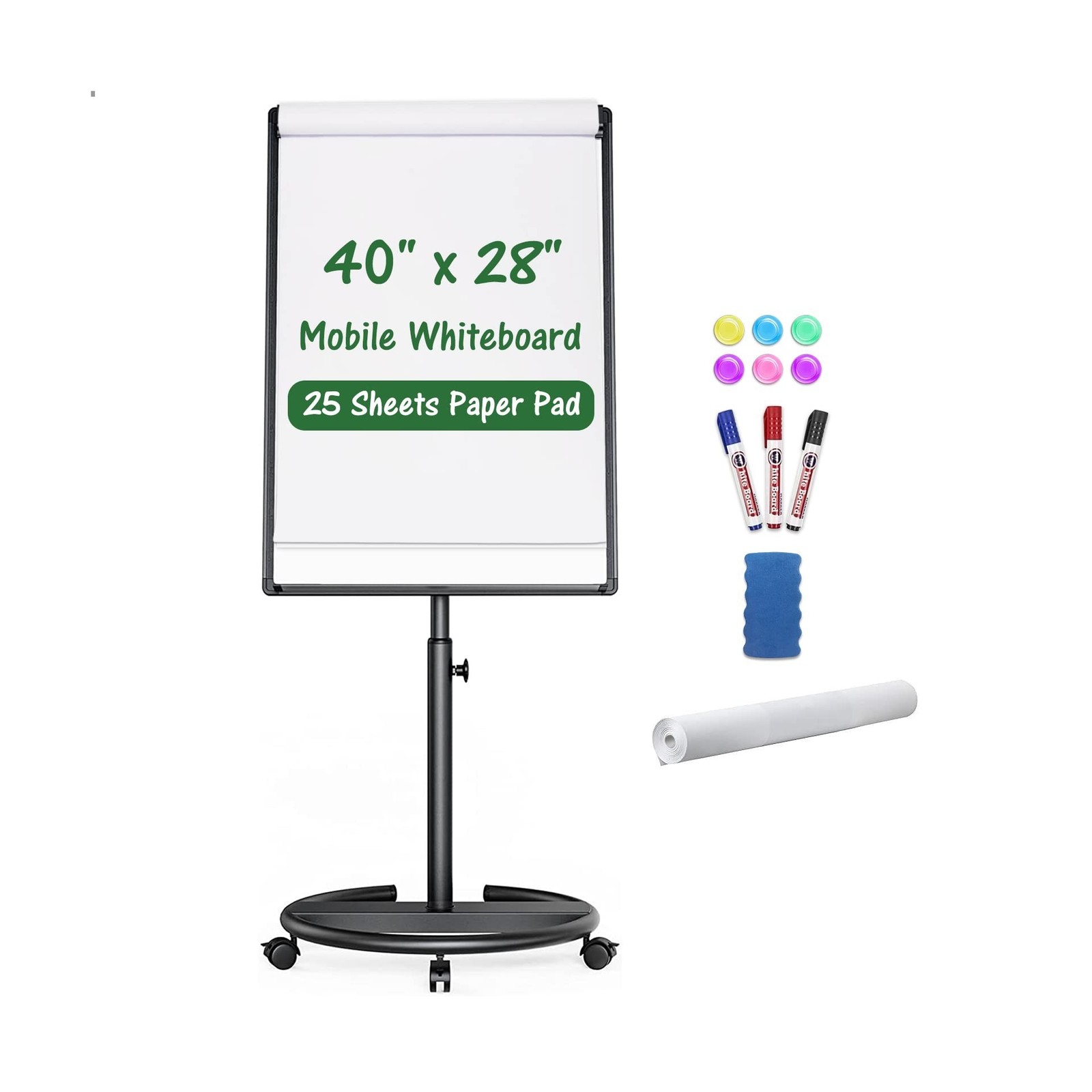 Mobile Whiteboard, Magnetic Dry Erase Board with Stand 40x28 inch, Height Adj...