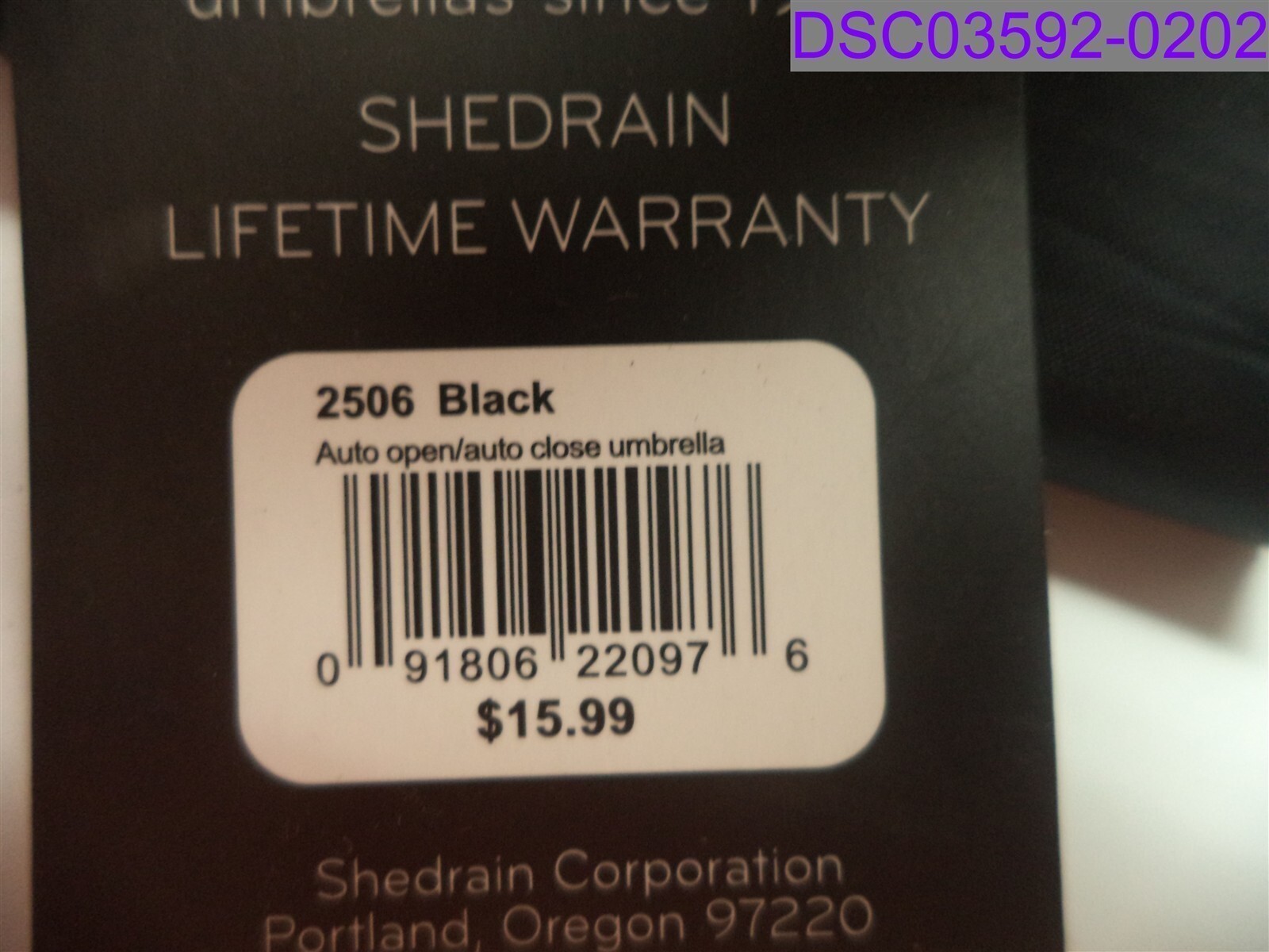 ShedRain Essentials Auto Open & Close Black Umbrella P/N 2506