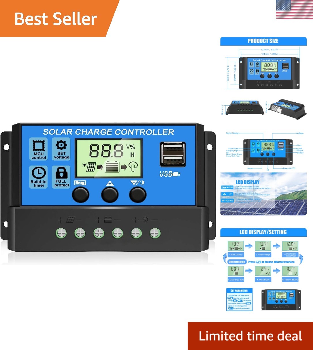 Smart 30A PWM Solar Charge Controller - LCD Display, Timer & Safety Protections