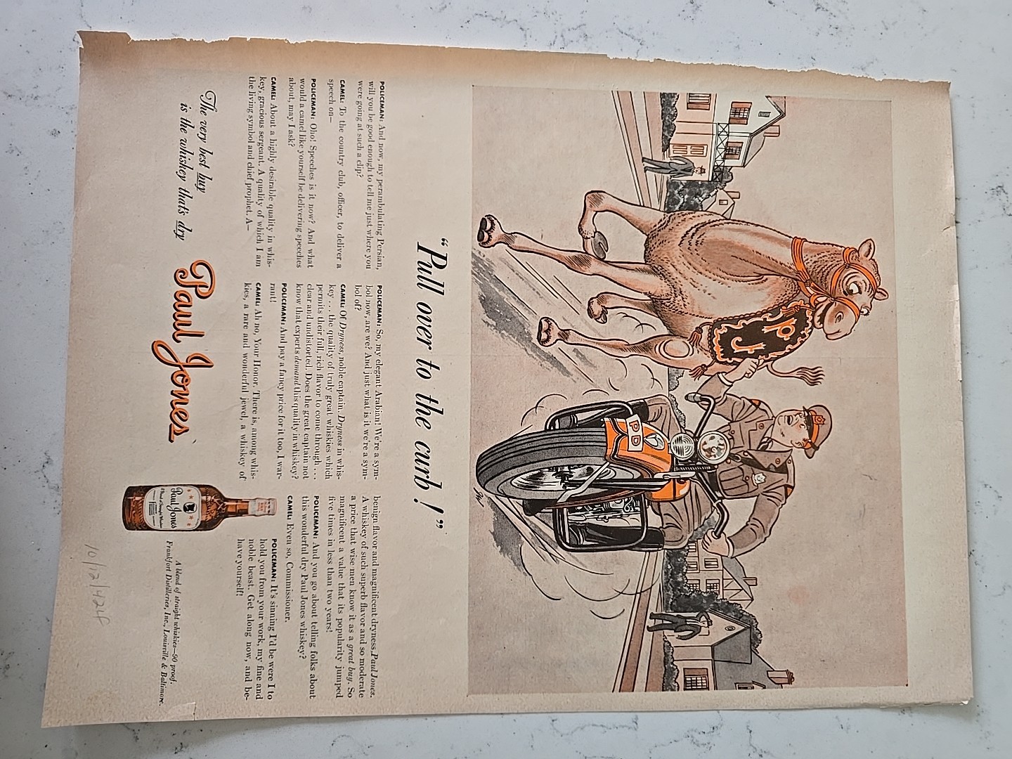 1942 Paul Jones Blended Whiskey Policeman Motorcycle Camel dialogue  vintage ad