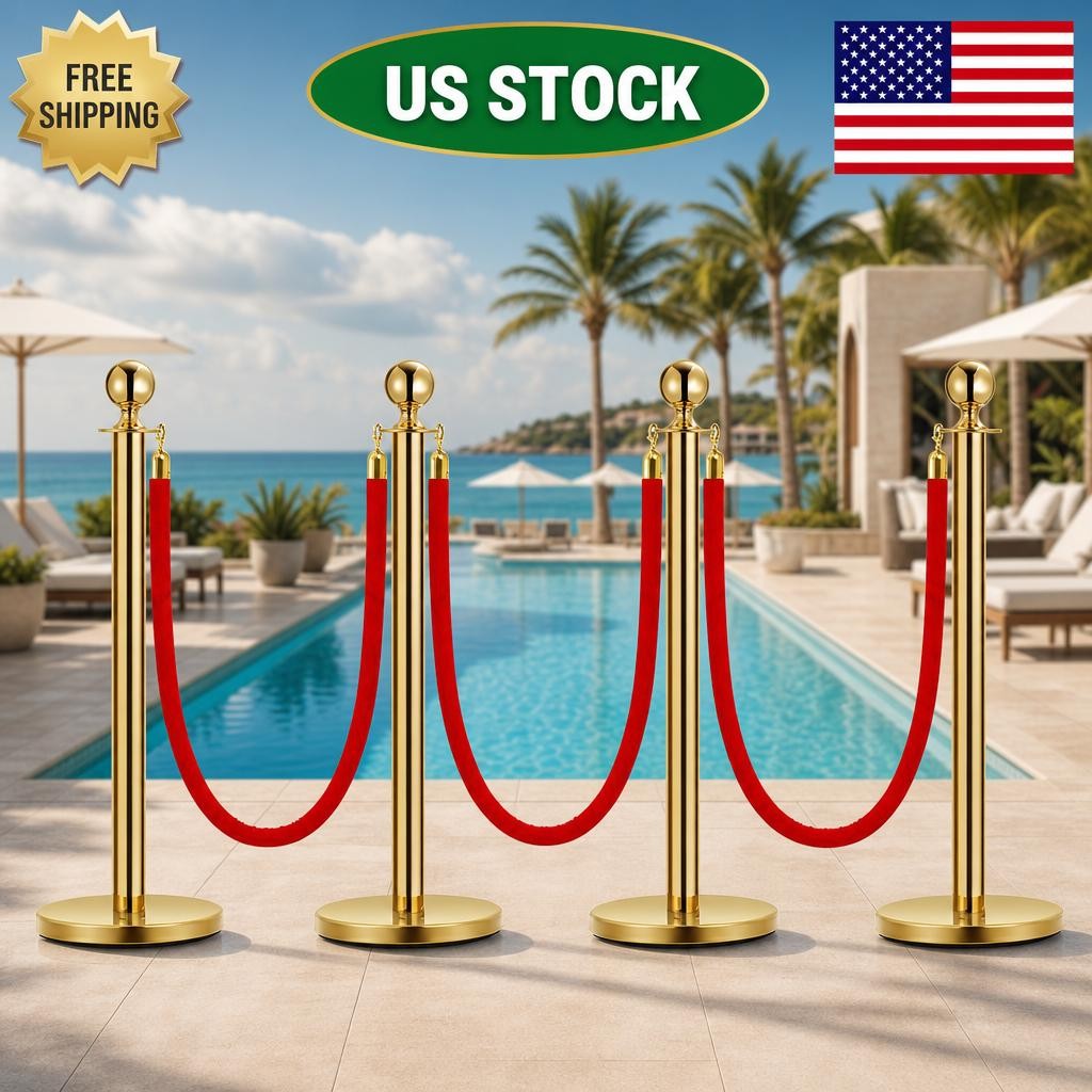 Crowd Control Barriers with Ropes, 4PCS Gold Stanchions and 3PCS Red Flannel Rop