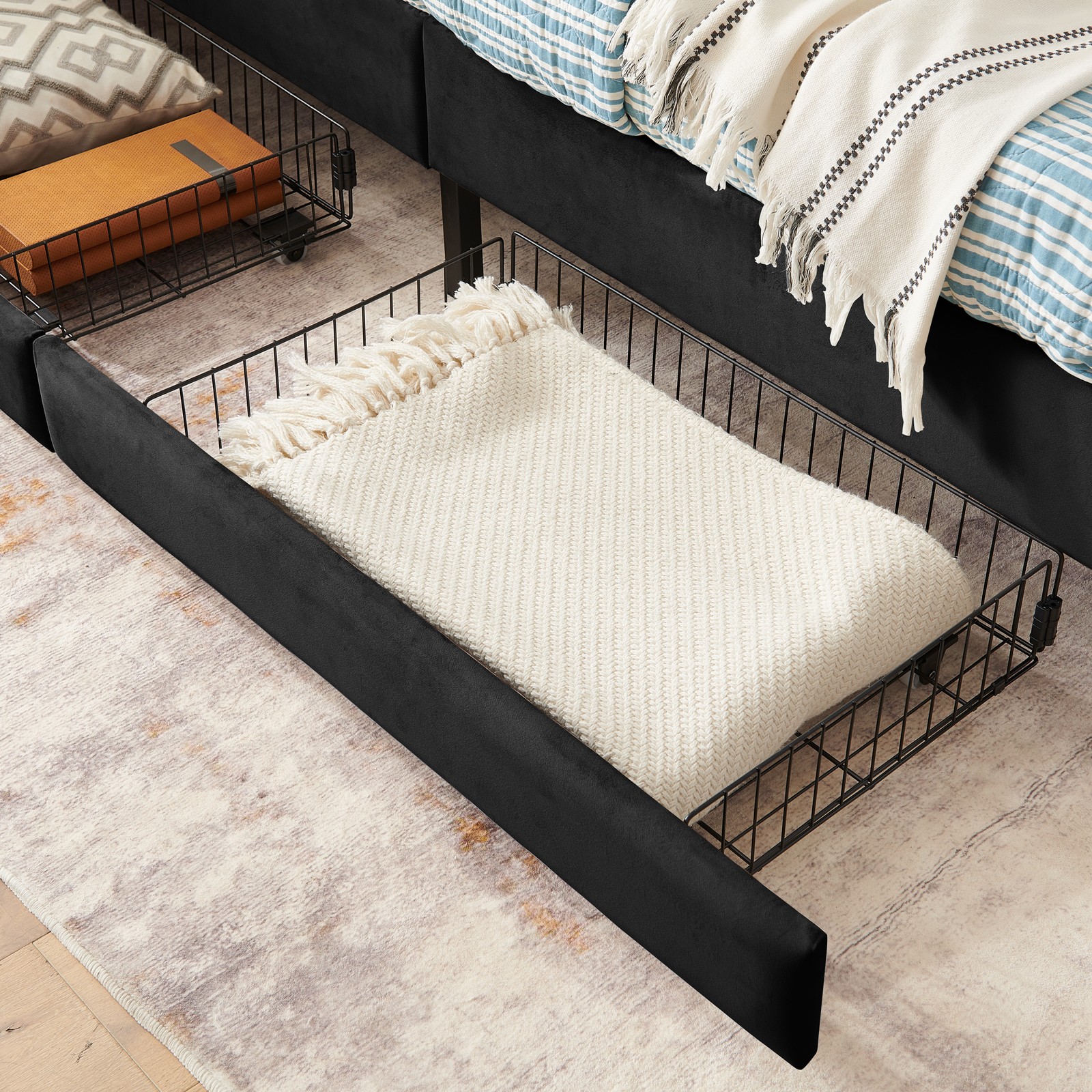 Twin Size Upholstered Platform Bed Frame with 2 Storage Drawers, Adjustable Vel