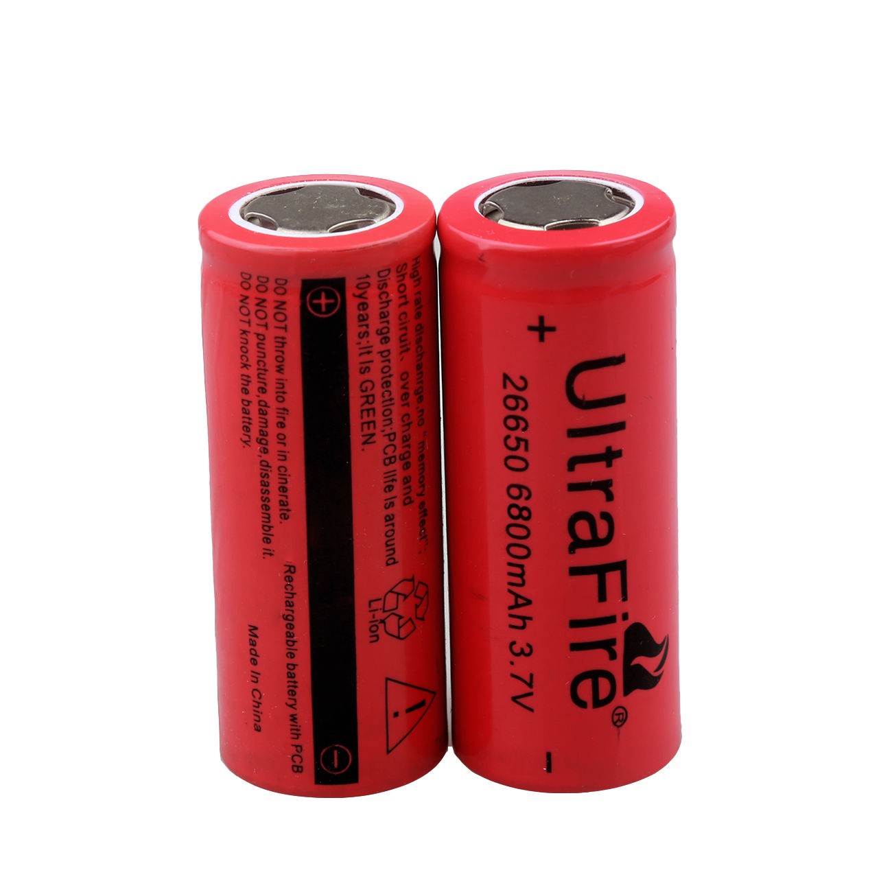 2pcs 26650 Battery UltraFire Rechargeable 3.7V Flat Top Batteries Cell