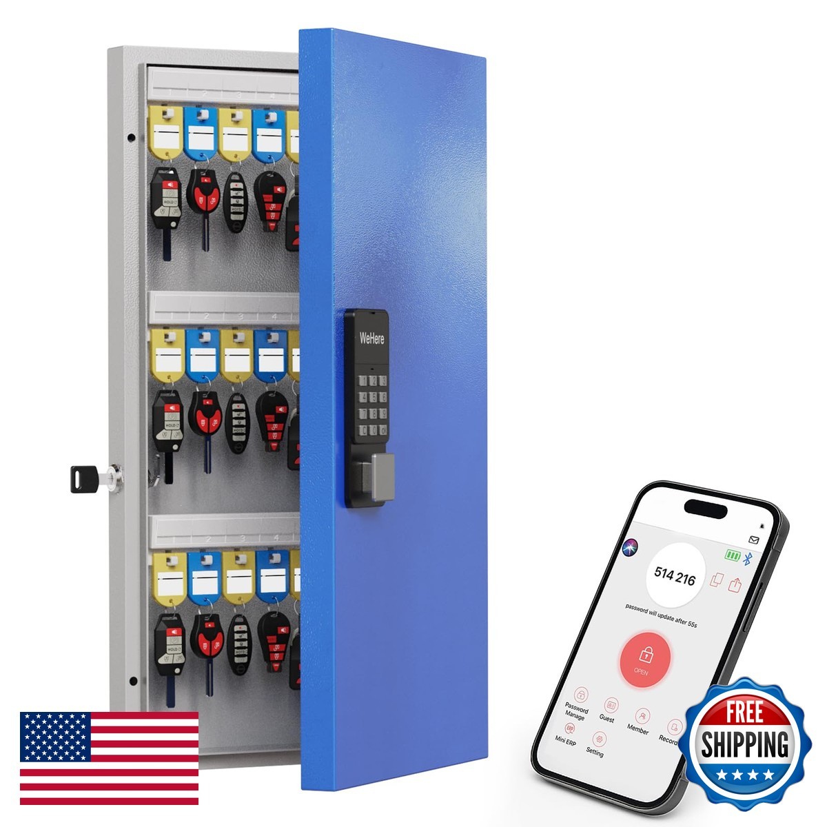 Wehere 48-Key Smart Key Lock Wall-Mount Key Cabinet Key Management Apptrack Key