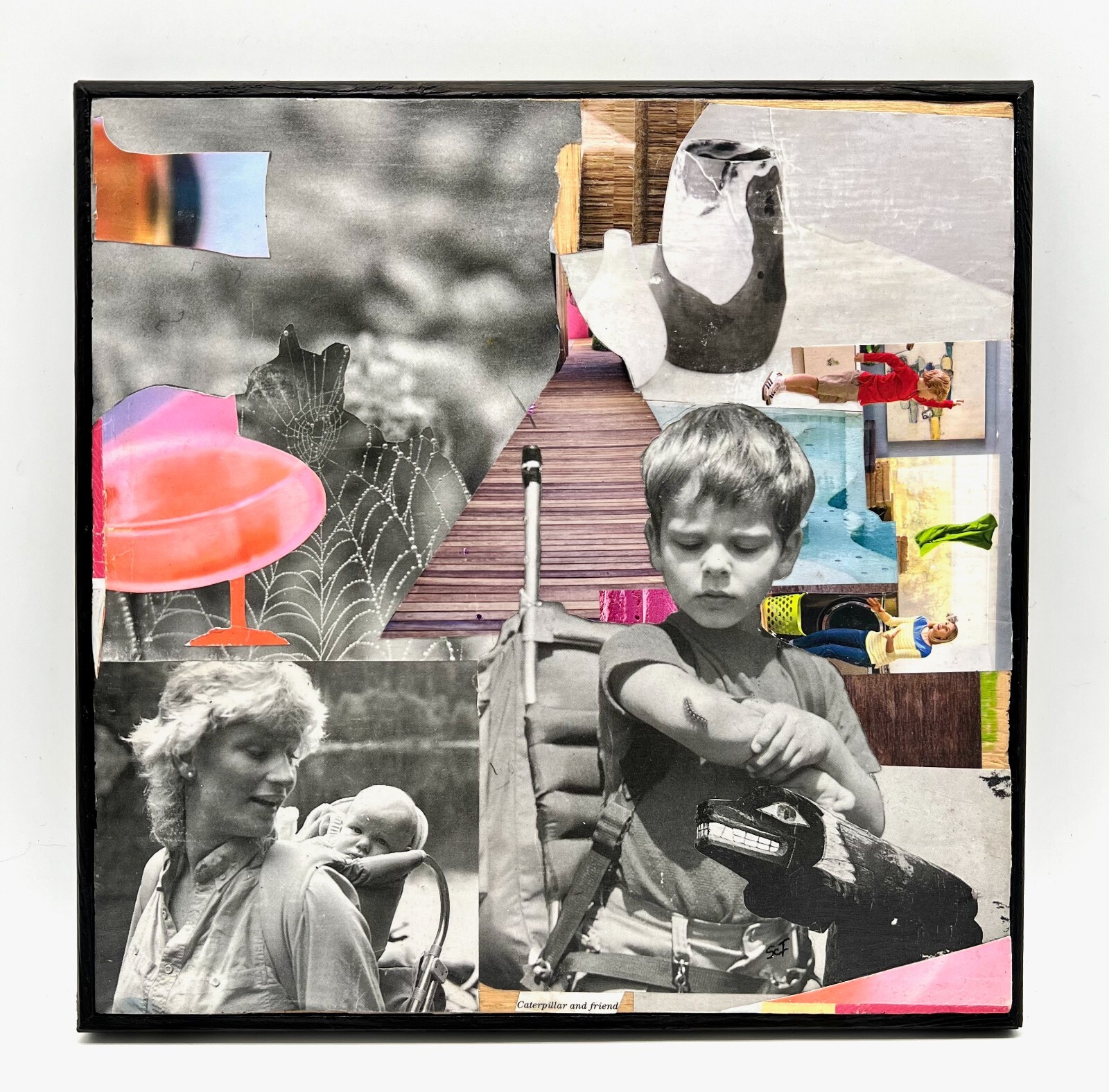 DRINKING W/ CHILDREN... Gray Pink White Hiking Surreal Collage Art - Original