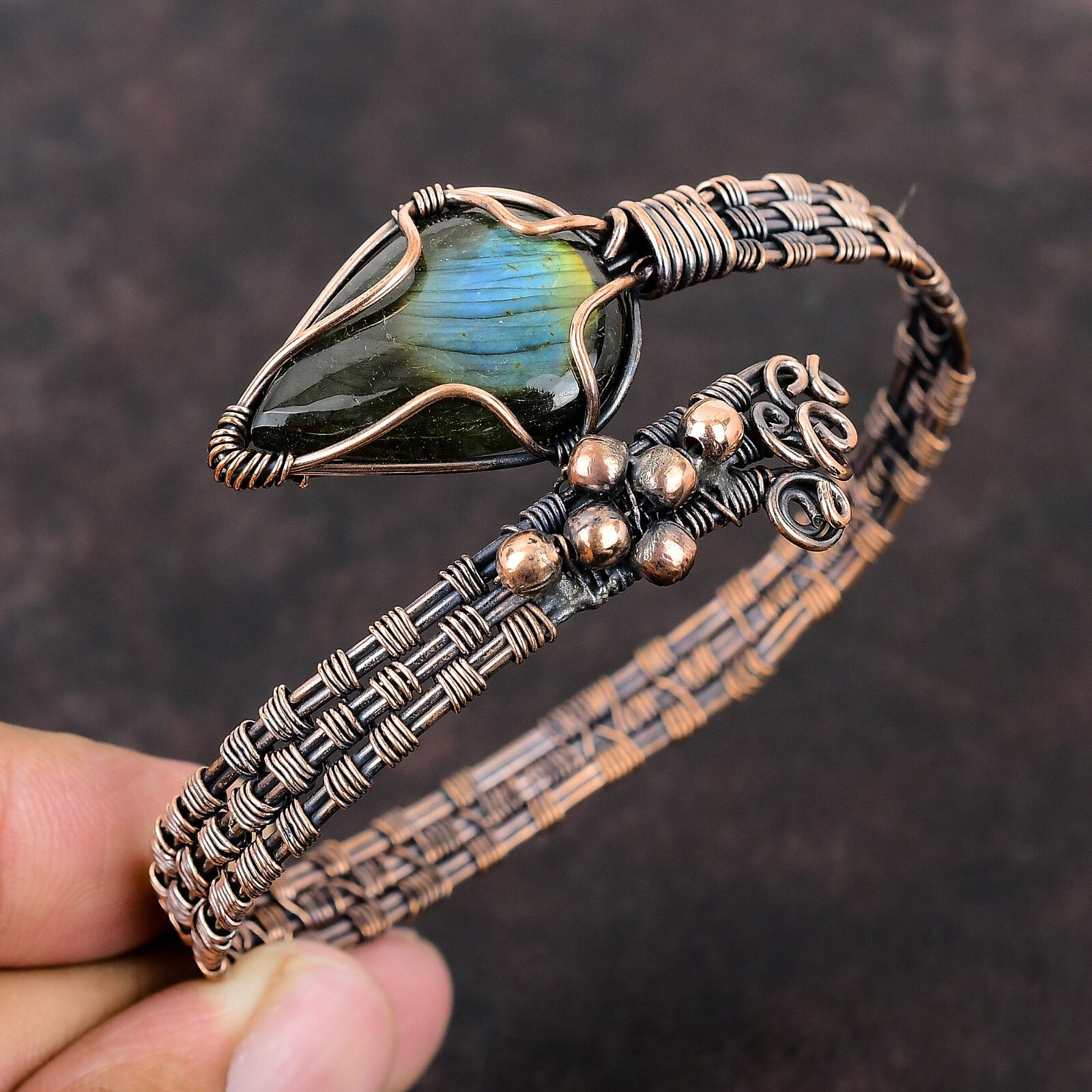 Labradorite Wire Wrapped Adjustable Cuff Handcrafted Copper Ethnic Gift Jewelry