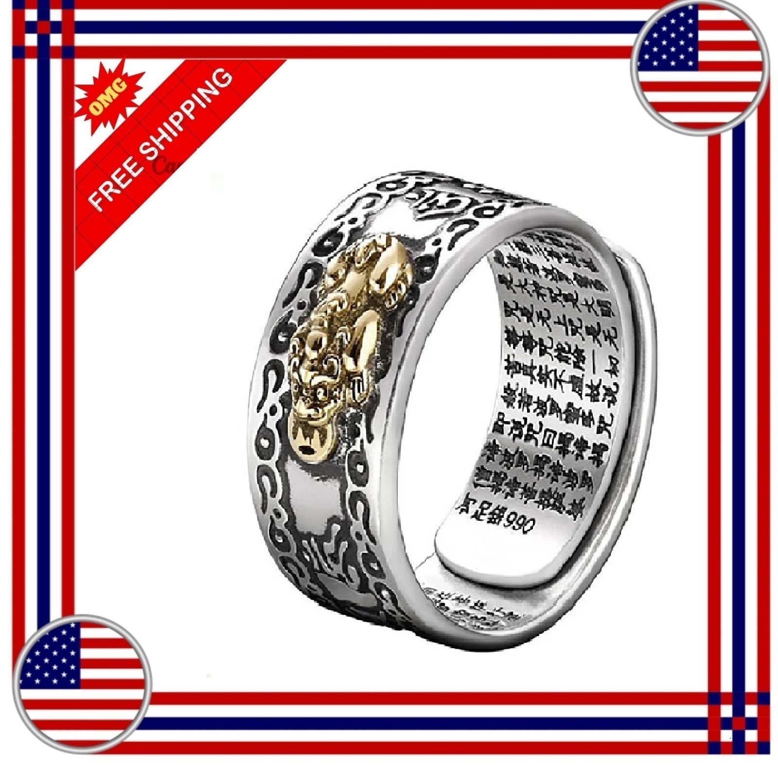 Feng Shui Pixiu Adjustable Ring Buddhist Mantra Attract Wealth Lucky Ring Charm