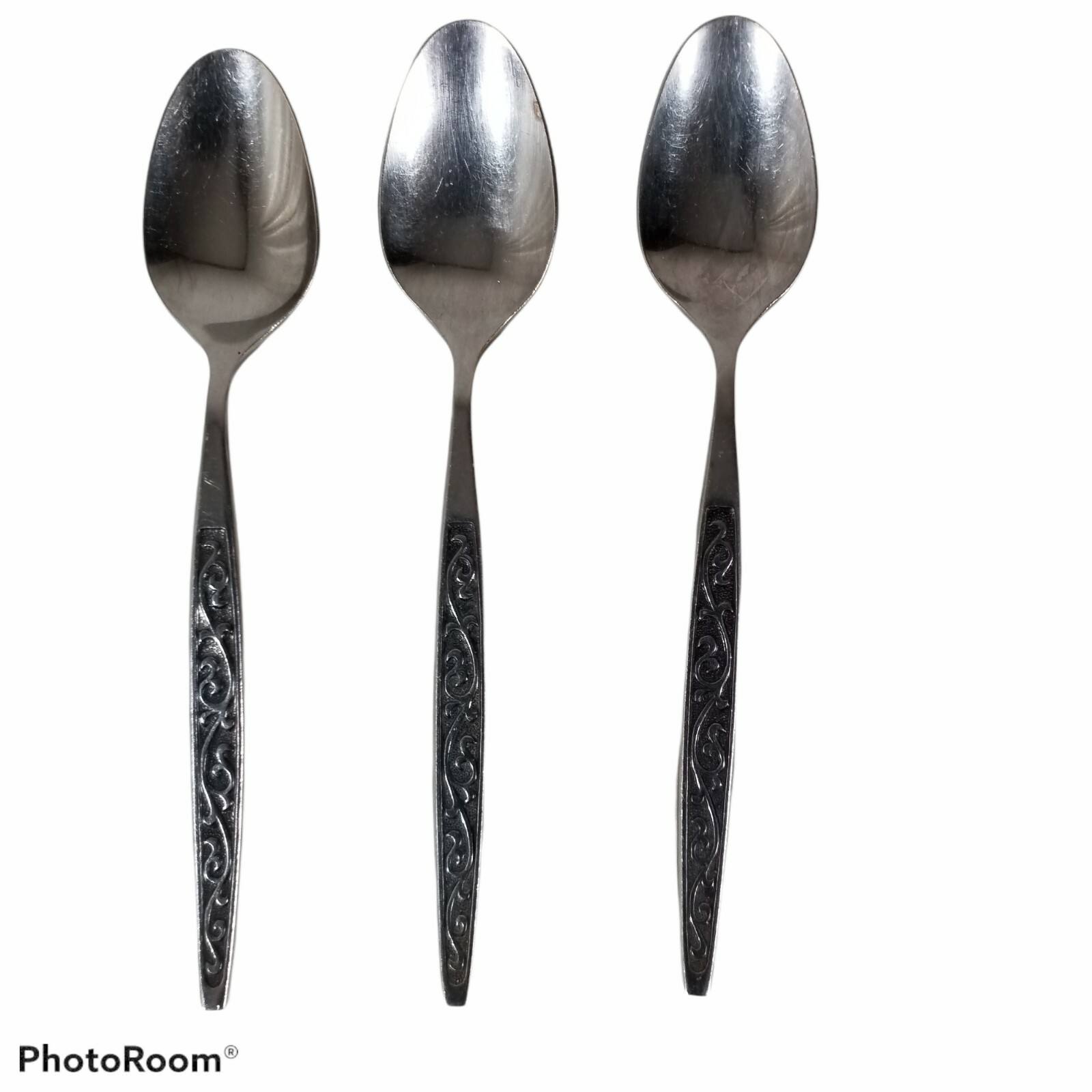3  70'S VINTAGE SIERRA STAINLESS BY PRESENT TEASPOONS,  Taiwan inlaid scroll