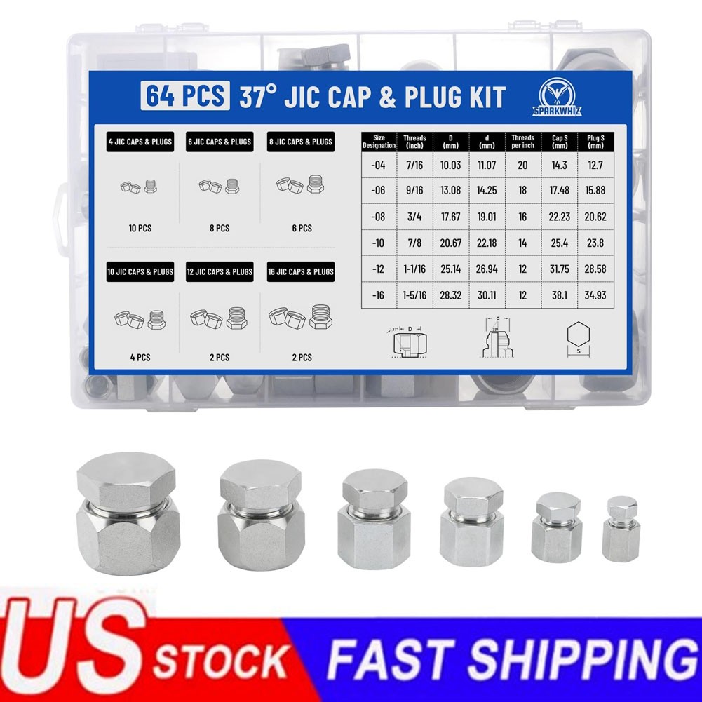 64Pcs hydraulic JIC Cap & Plug fittings Kit,AN Assortment Hydraulic Fitting Set