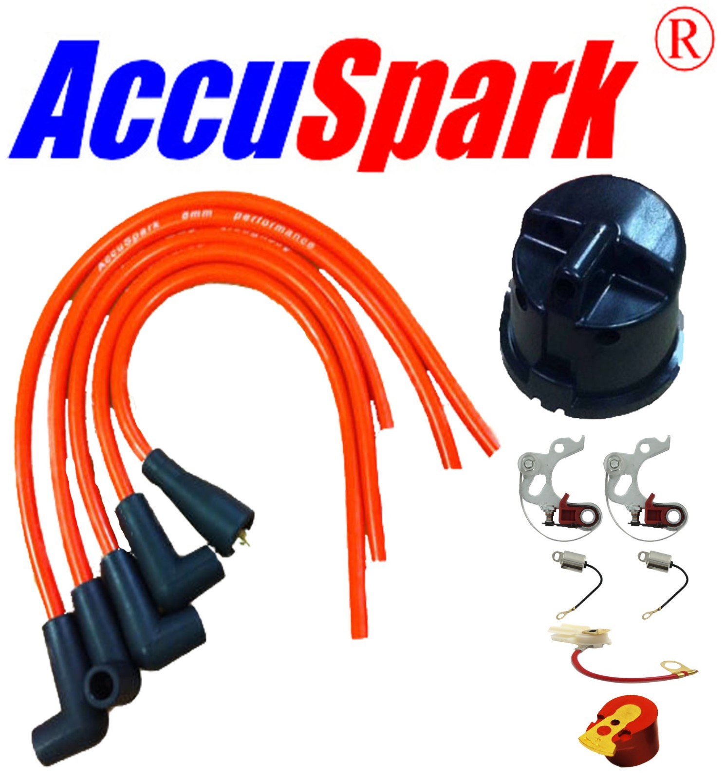 MGB 1800 Points,Condenser,Red Rotor arm,Side Cap ,AccuSpark leads for Lucas 25D