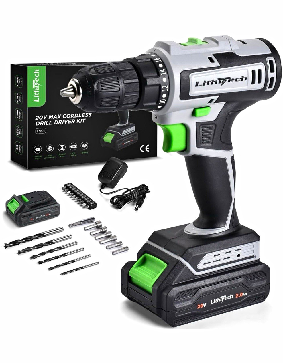 LithyTech L901 20V Cordless Drill Driver Kit, 2Ah Li-Ion Battery, Bits