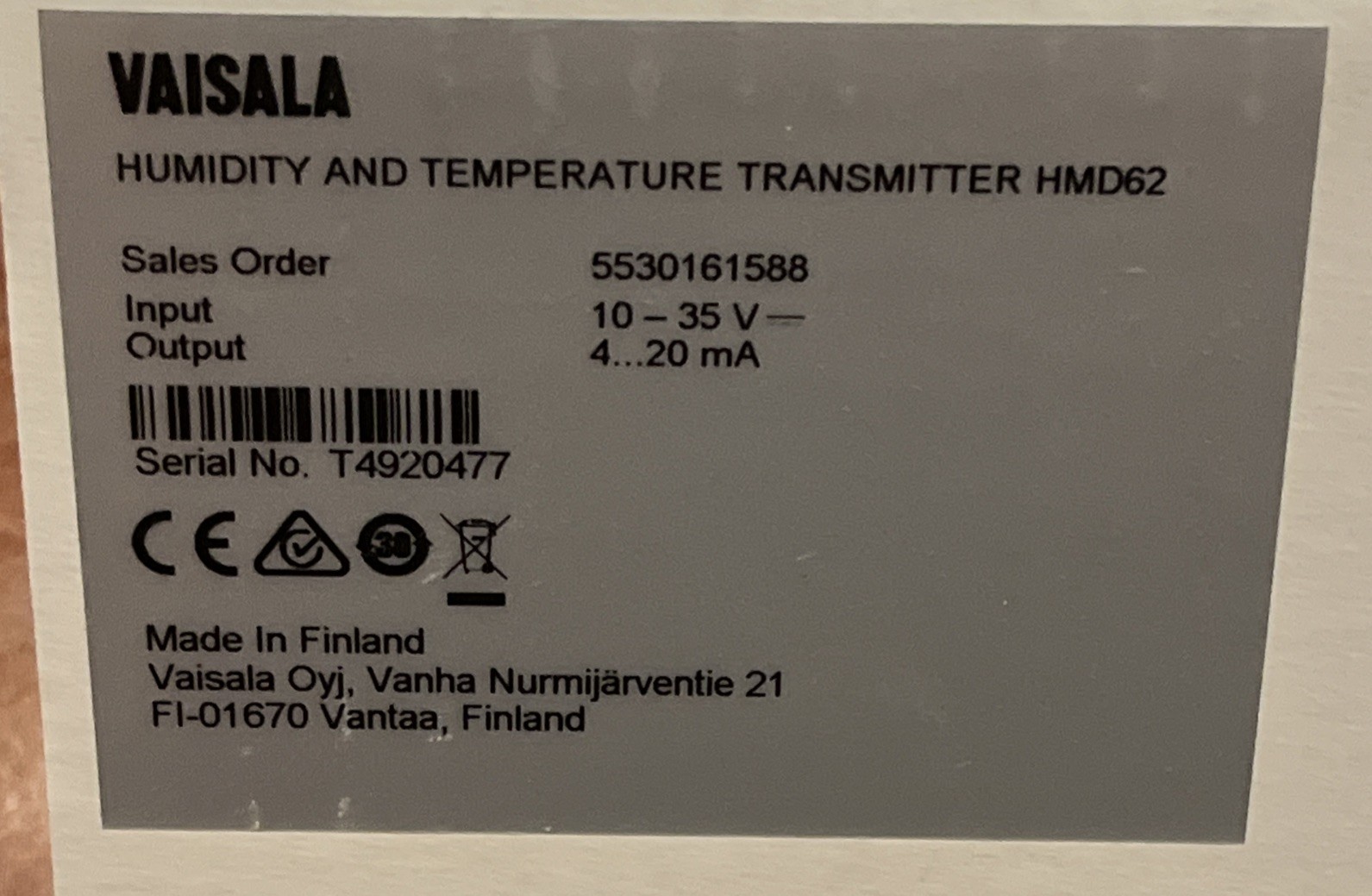 Vaisala HMD62 Humidity/Temperature Transmitter BRAND NEW ORIGINAL PACKAGING