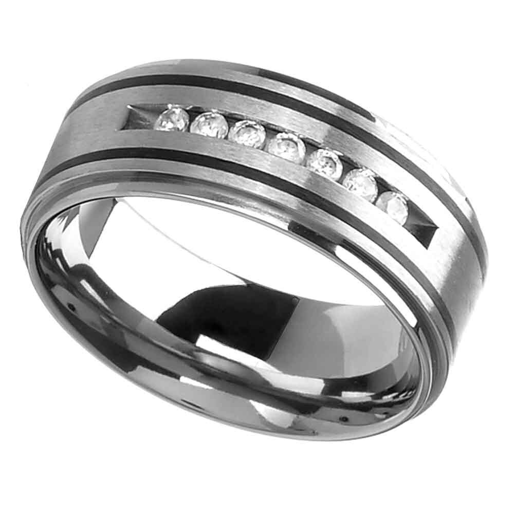 9mm Titanium Round Cubic Zirconia Step Edge Black Strip Men's Wedding Band