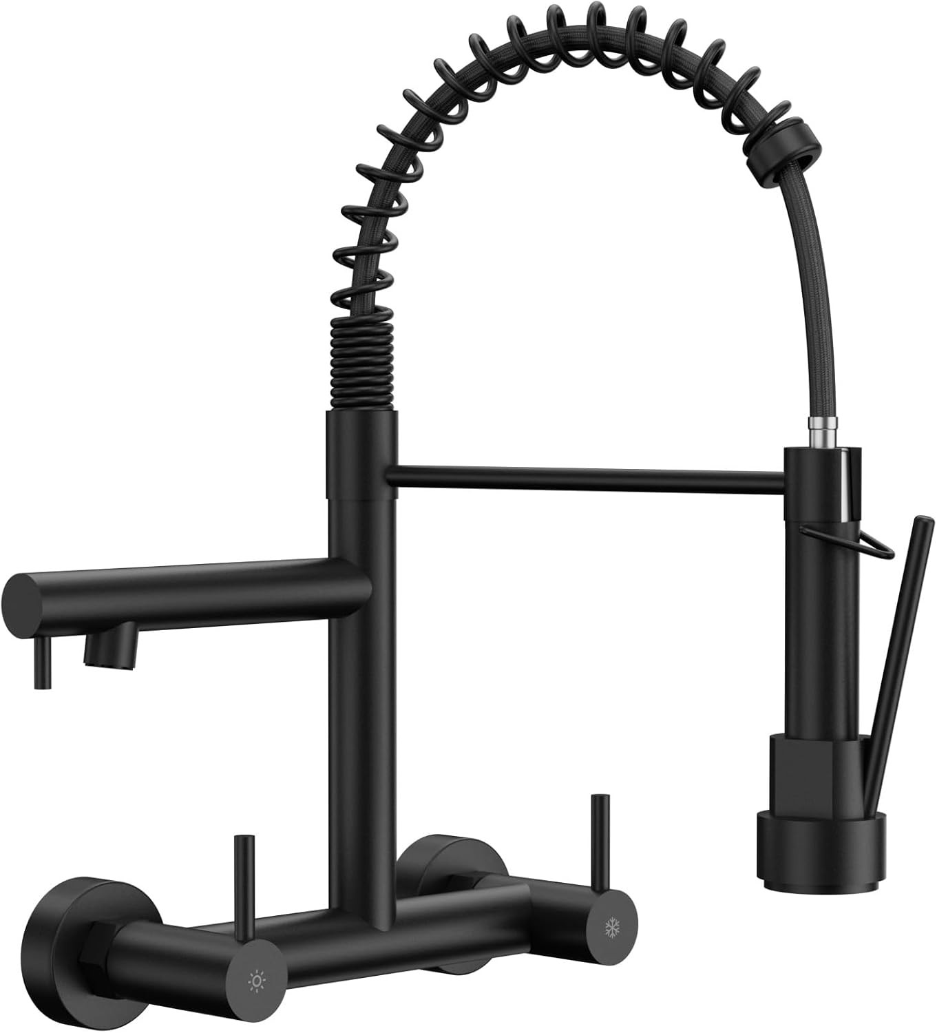 Matte Black Wall Mount Kitchen Faucet with Pull Down Sprayer and 2 Handles