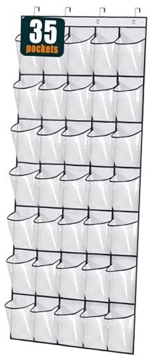 35 Clear Large Pockets Over The Door Shoe Organizer Sturdy Oxford Fabric White