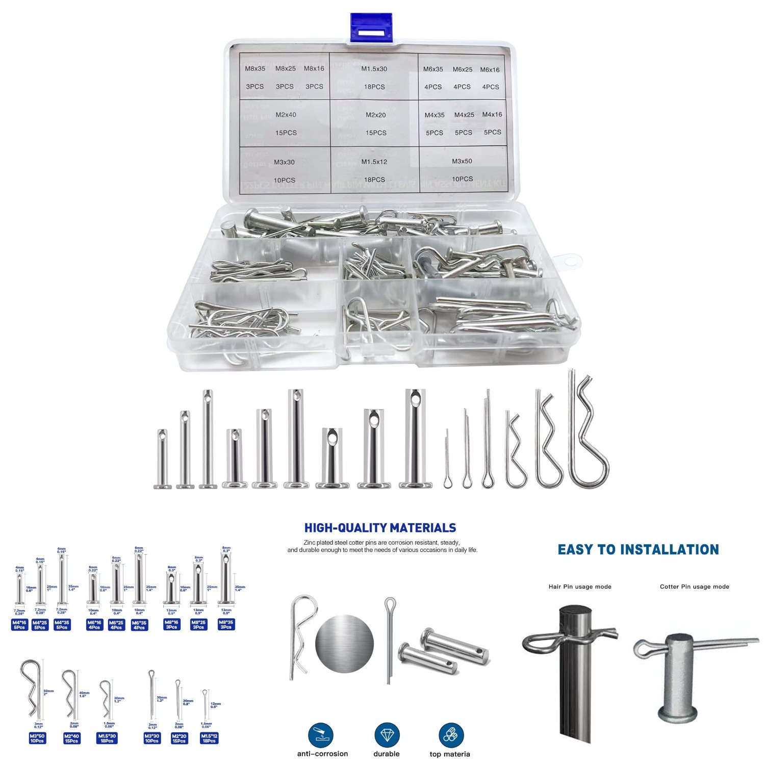 122pcs Clevis Pin Hair Pin Assortment Zinc-Plated Single Hole R Clip Hitch Pin