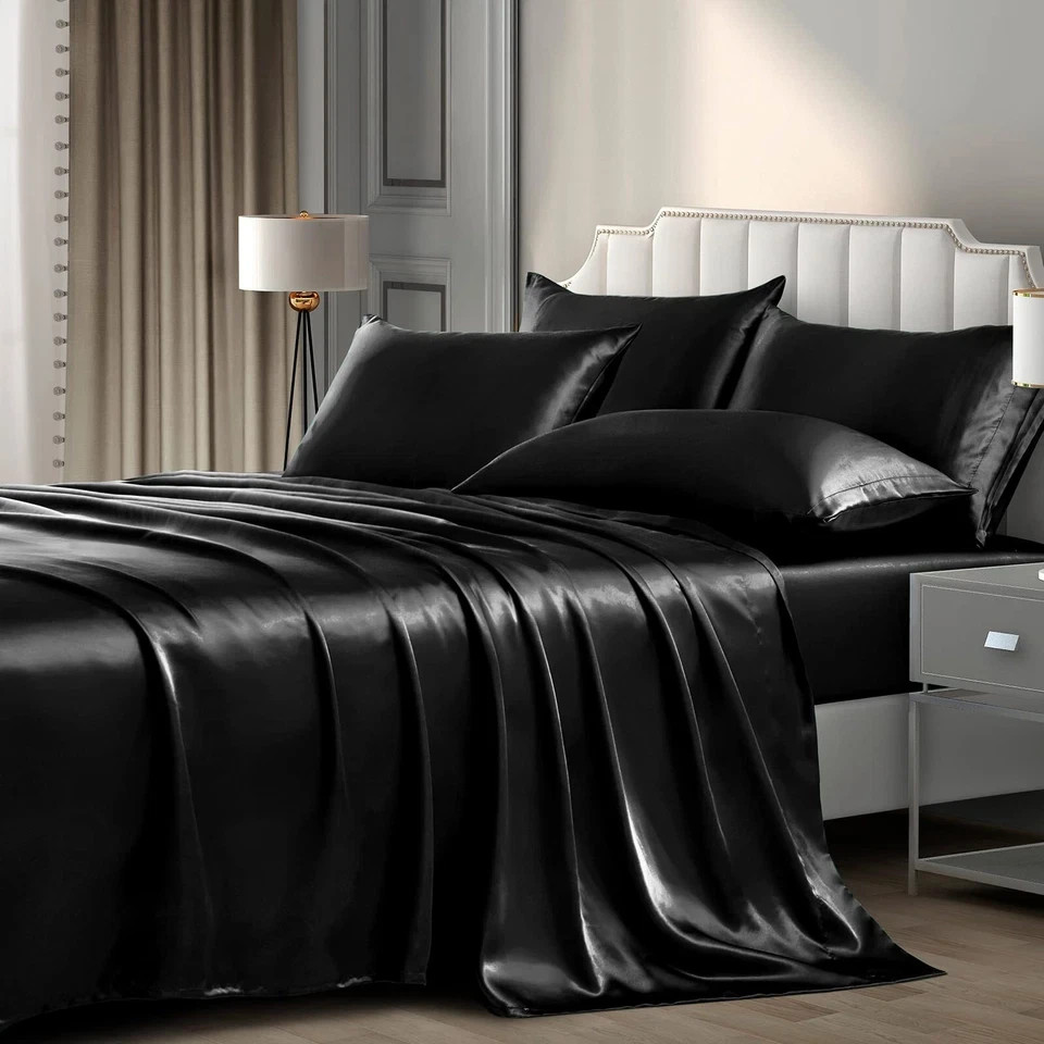 SATIN SHEETS Bedding Sheet Set Pillow Case Deep Pocket Queen Black 6-Pc POTHUINY