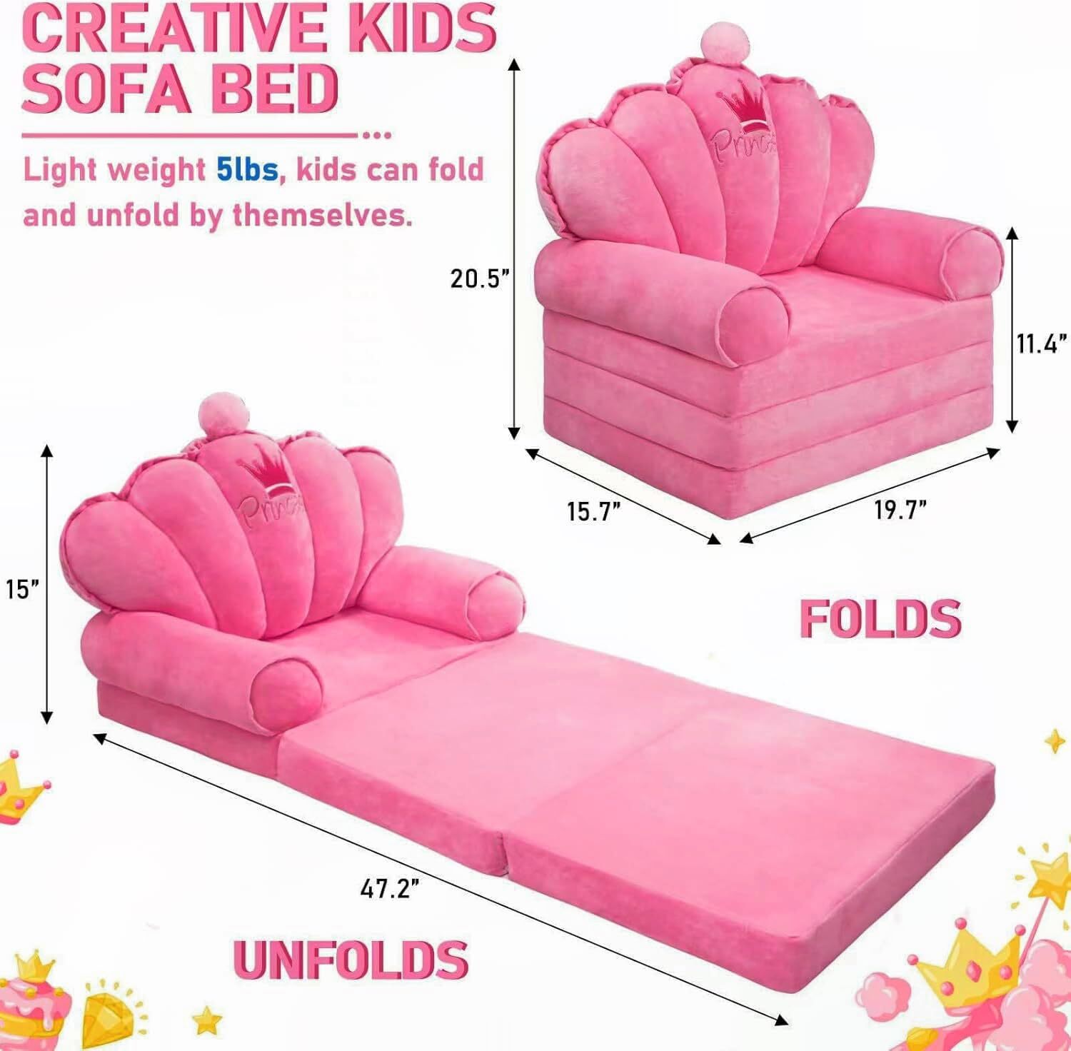 Pink Toddler Chair Kids Sofa Lounger Toddler Bed Couch for SeatingSoft Prince...