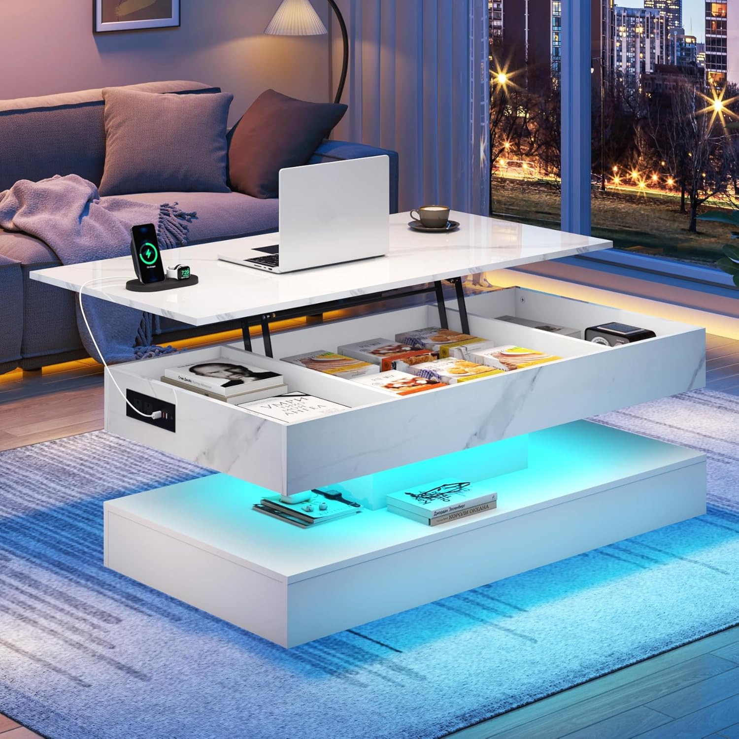 Chartustriable 47.2" Large Lift Top Coffee Table, Modern LED High Glossy Coffee