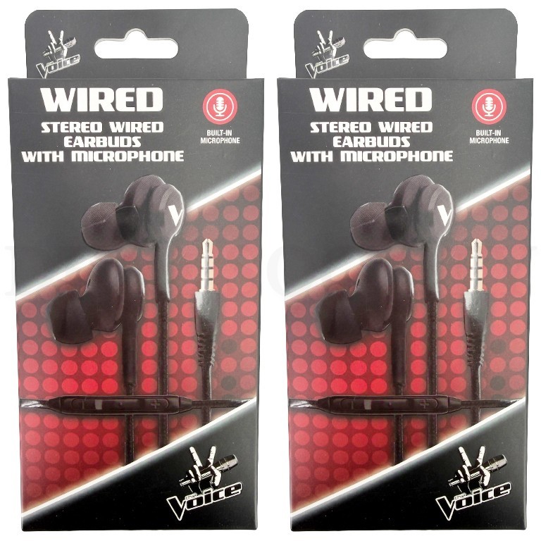 The Voice Wired Stereo Earbuds with Microphone and 4' Cable - Black Lot of 2