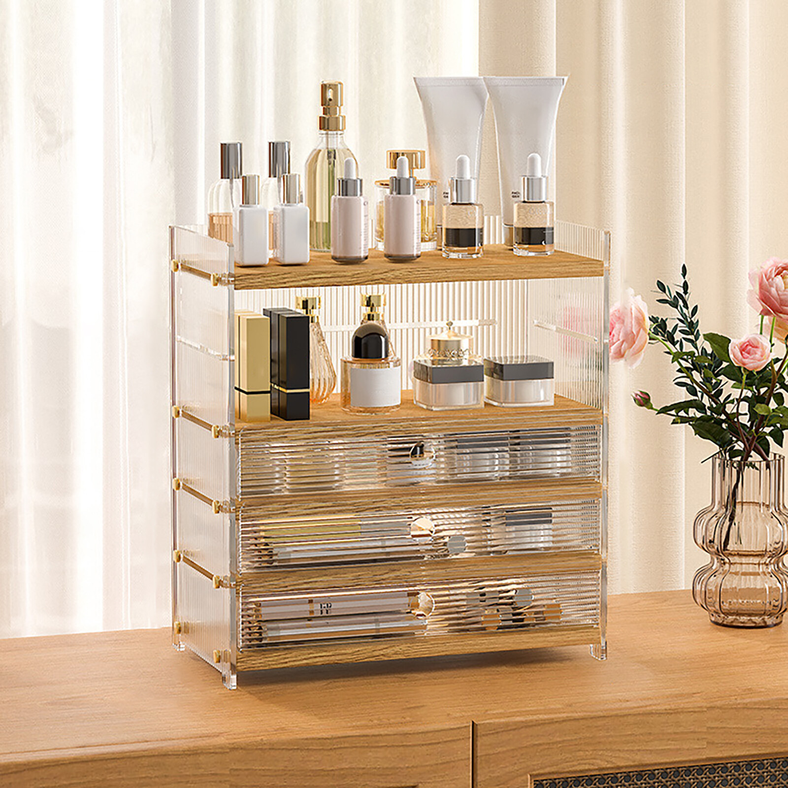 5-Tier 3 Drawer Desk Organizer Tabletop Clear Tabletop Storage Cabinet Box Home~