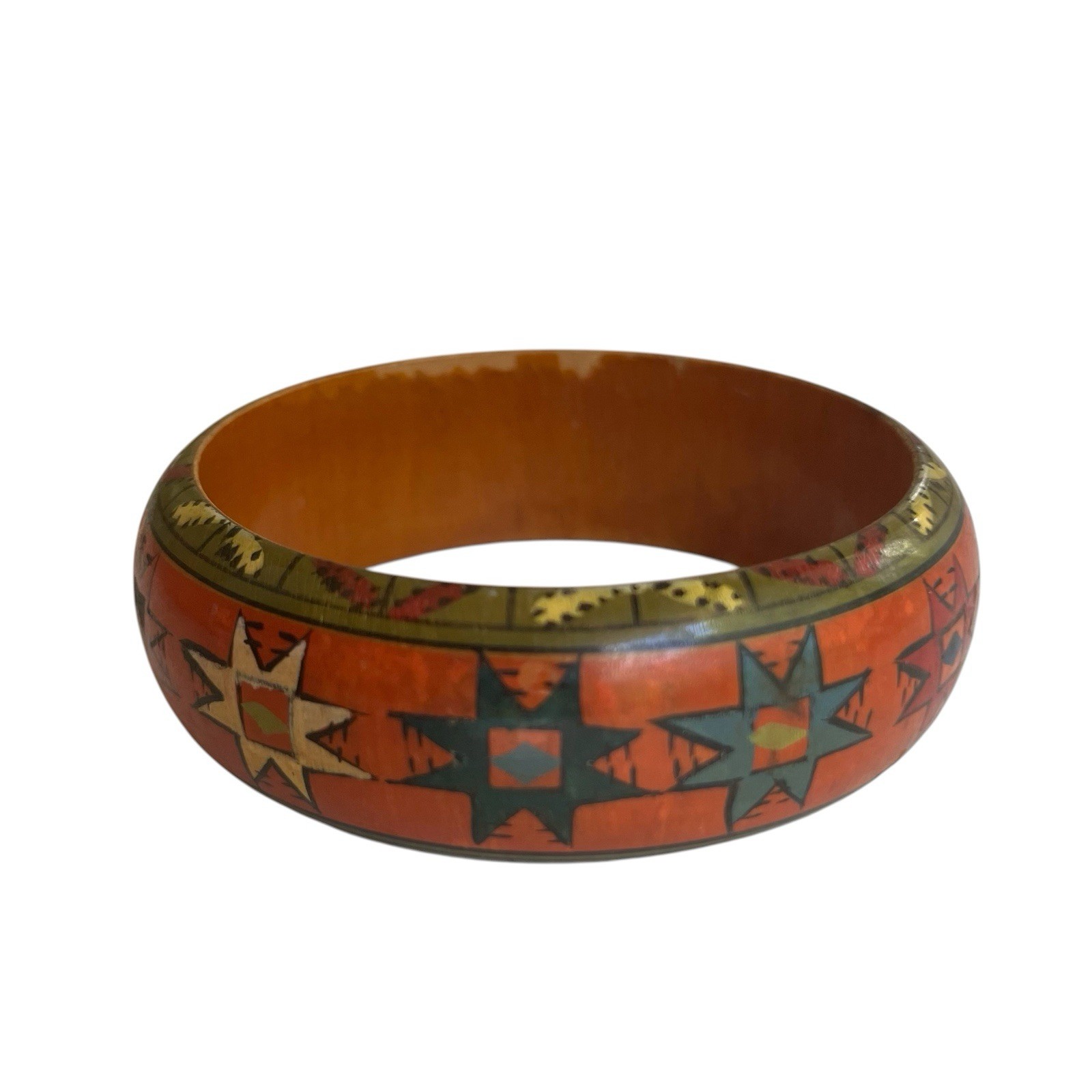 Hand Painted Wood Chunky Bangle Bracelet Multicolor