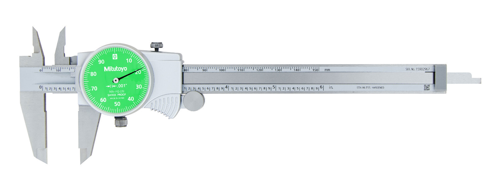 Mitutoyo 505-742-53J  - 6" Dial Calipers .1/Rev .001 Grad. Green Face