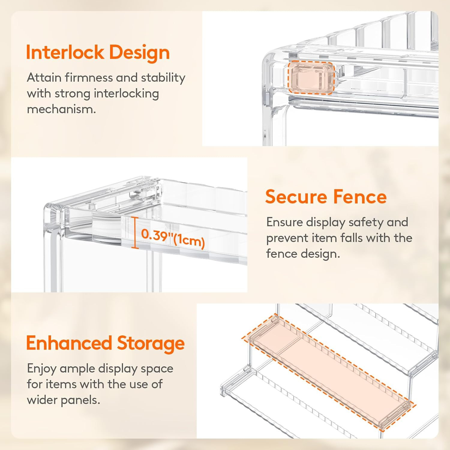 4 Tier Clear Display Riser Stand with Decorative Secure Fences, Tool-Free Assemb